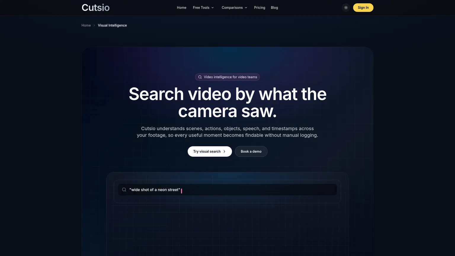 صفحة Cutsio Visual Intelligence تعرض البحث في الأشخاص والعناصر والمشاهد والحركات والكلام