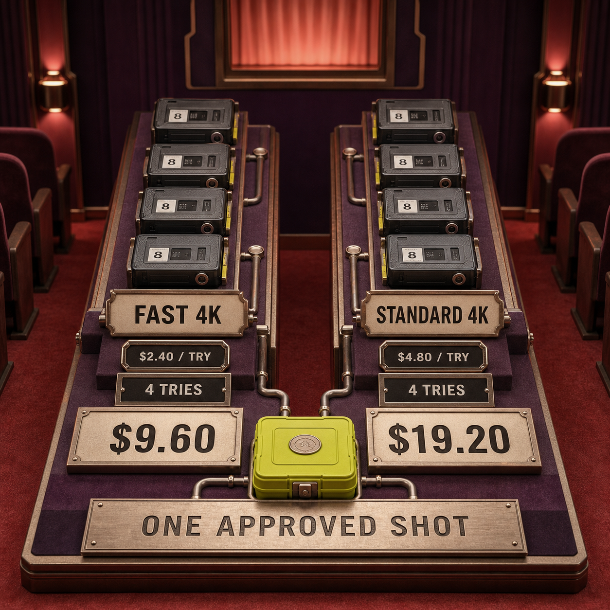 A physical cost comparison showing four attempts for one eight-second 4K shot in Veo Fast and Standard