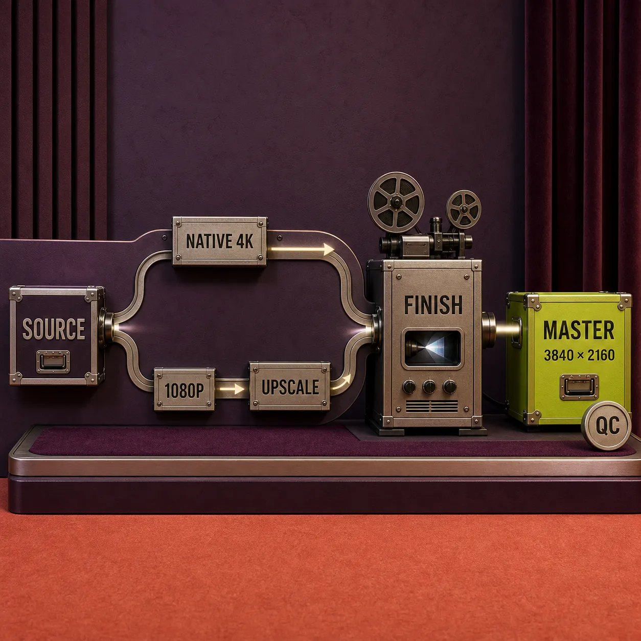 Physischer Entscheidungsweg von der KI-Videoquelle über natives 4K oder Upscaling bis zum Kundenmaster in DaVinci Resolve