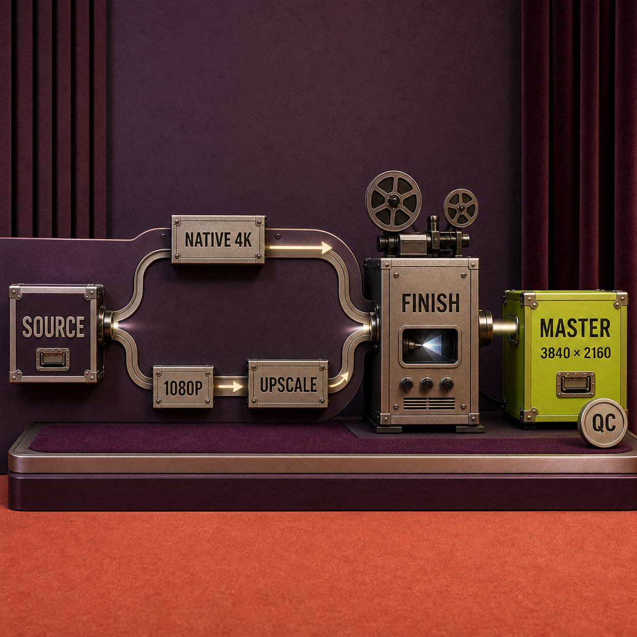 A physical decision path from AI video source through native 4K or upscale to a DaVinci Resolve client master