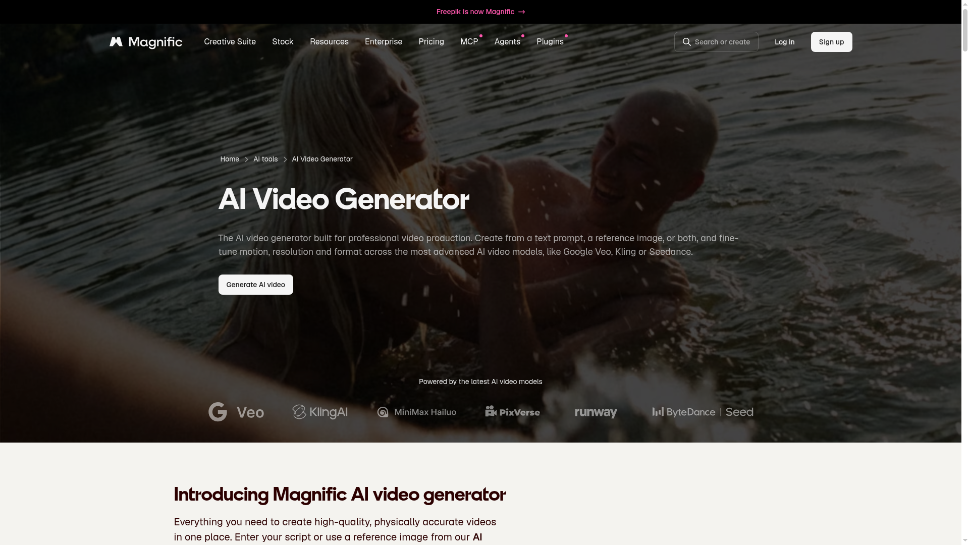Magnific AI video generator page showing its multi-model video workspace