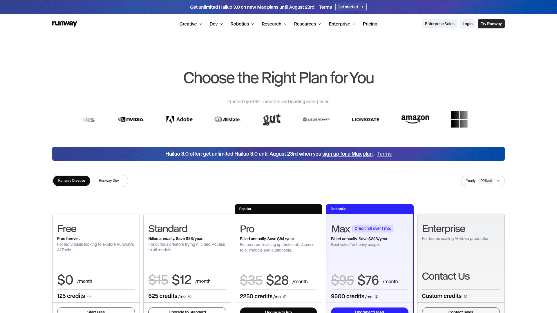 Runway pricing page showing Free, Standard, Pro, Max, and Enterprise plans