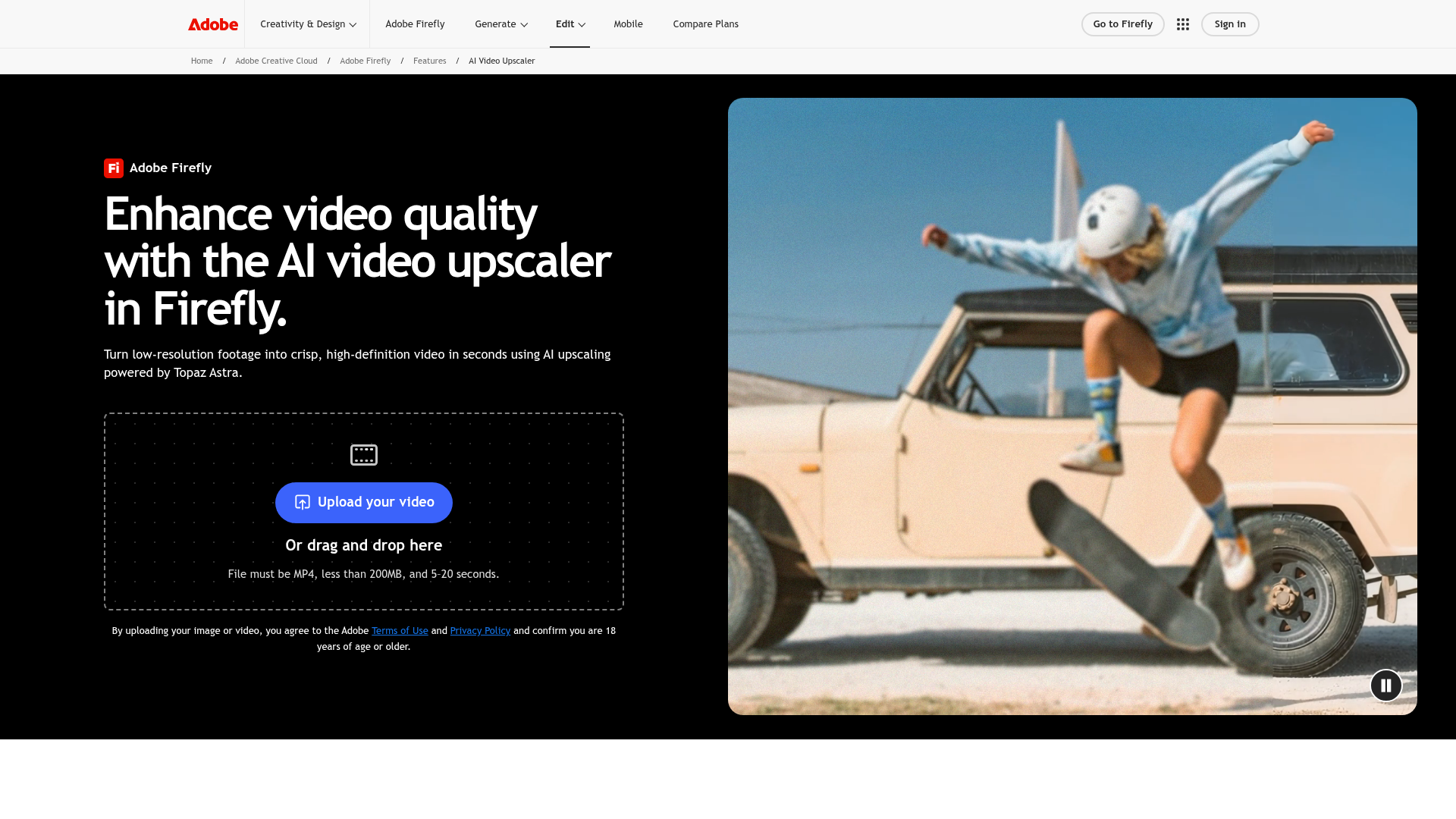 Adobe Firefly video upscaler page showing its Topaz Astra 1080p and 4K workflow