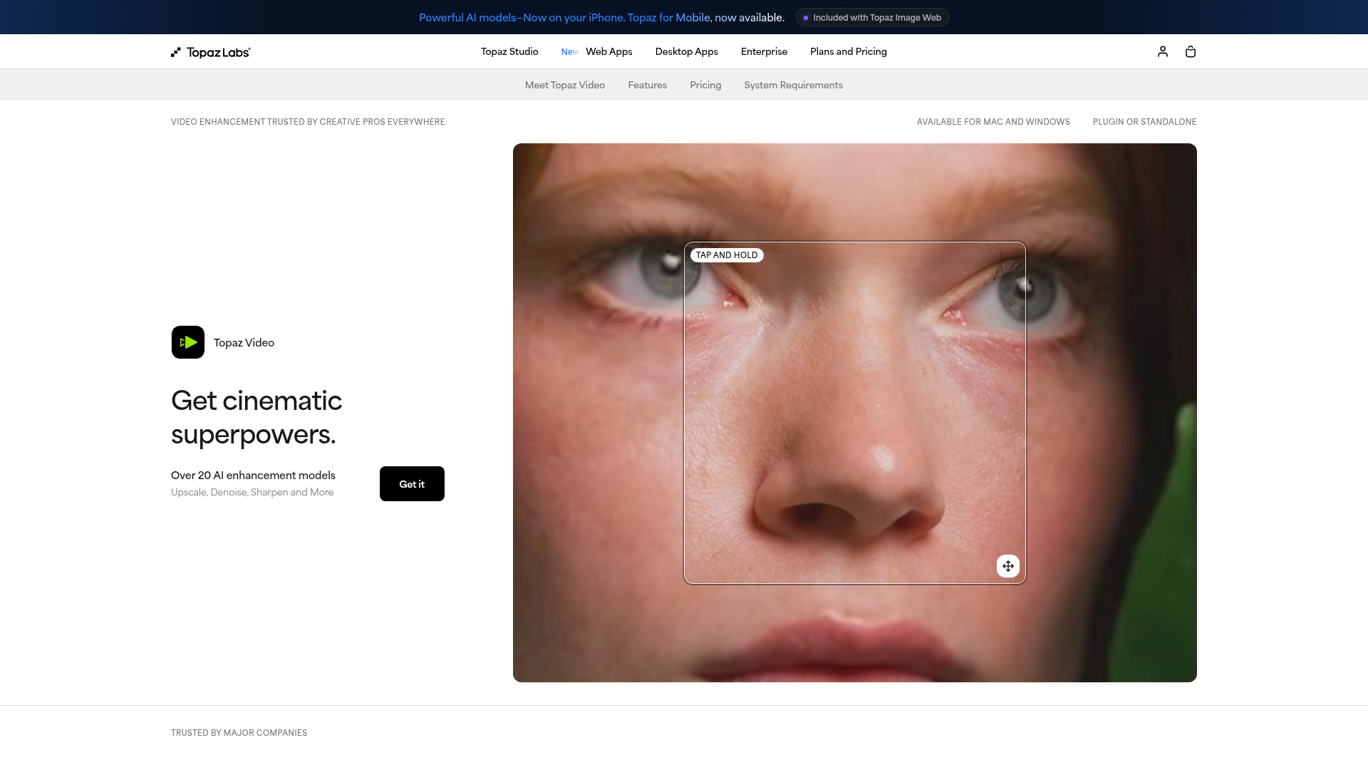 Topaz Video product page showing AI video enhancement and pricing