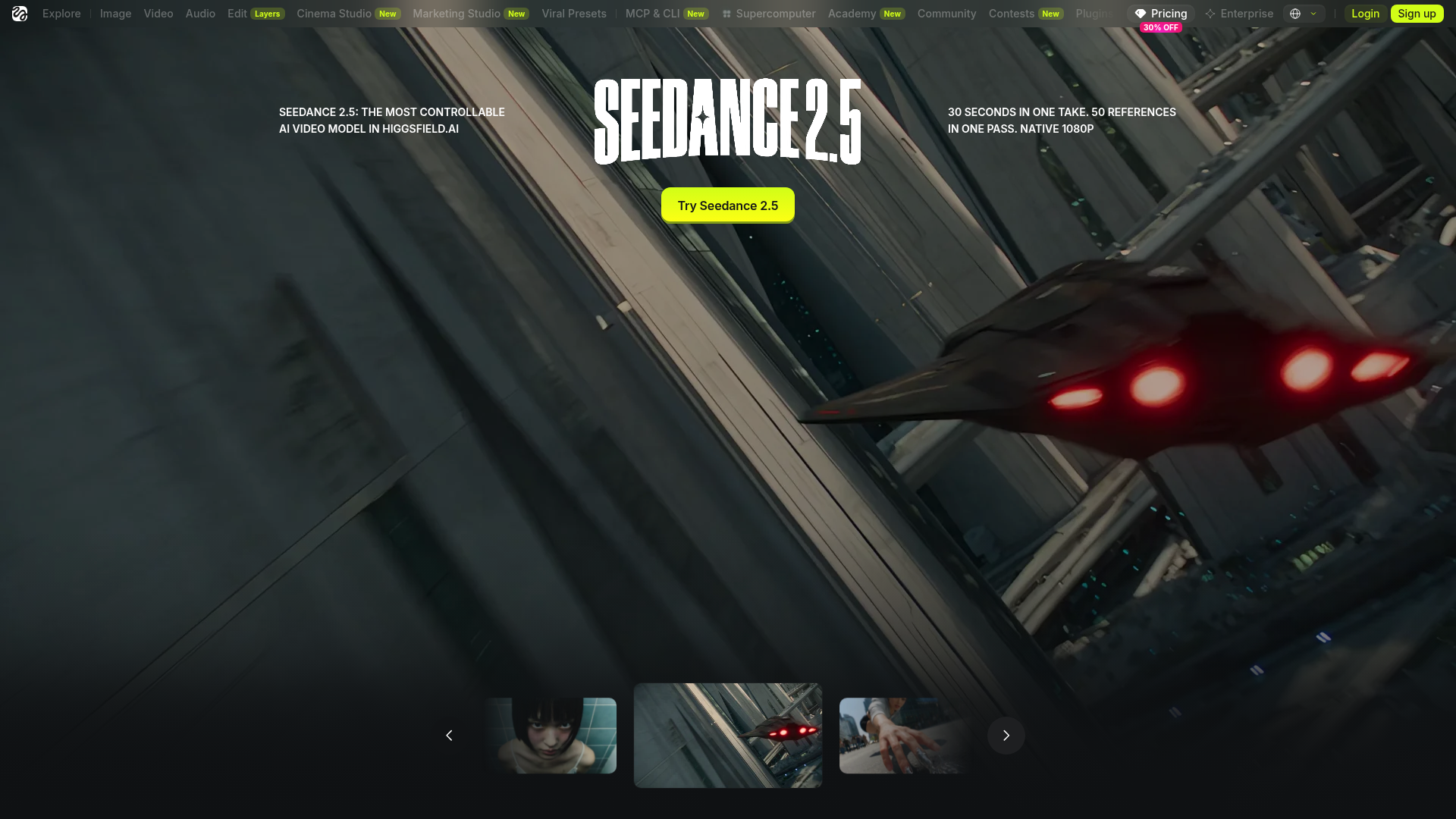 Higgsfield Seedance 2.5 page showing its long-take and multimodal reference capabilities