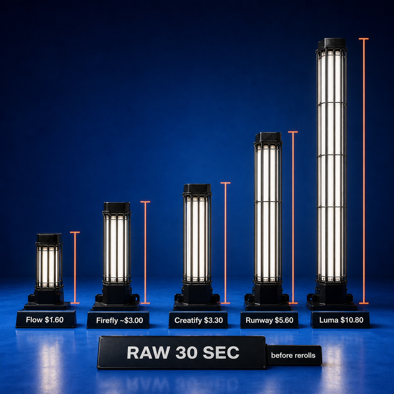 Raw 30-second generation cost floors for Google Flow, Adobe Firefly, Creatify, Runway, and Luma