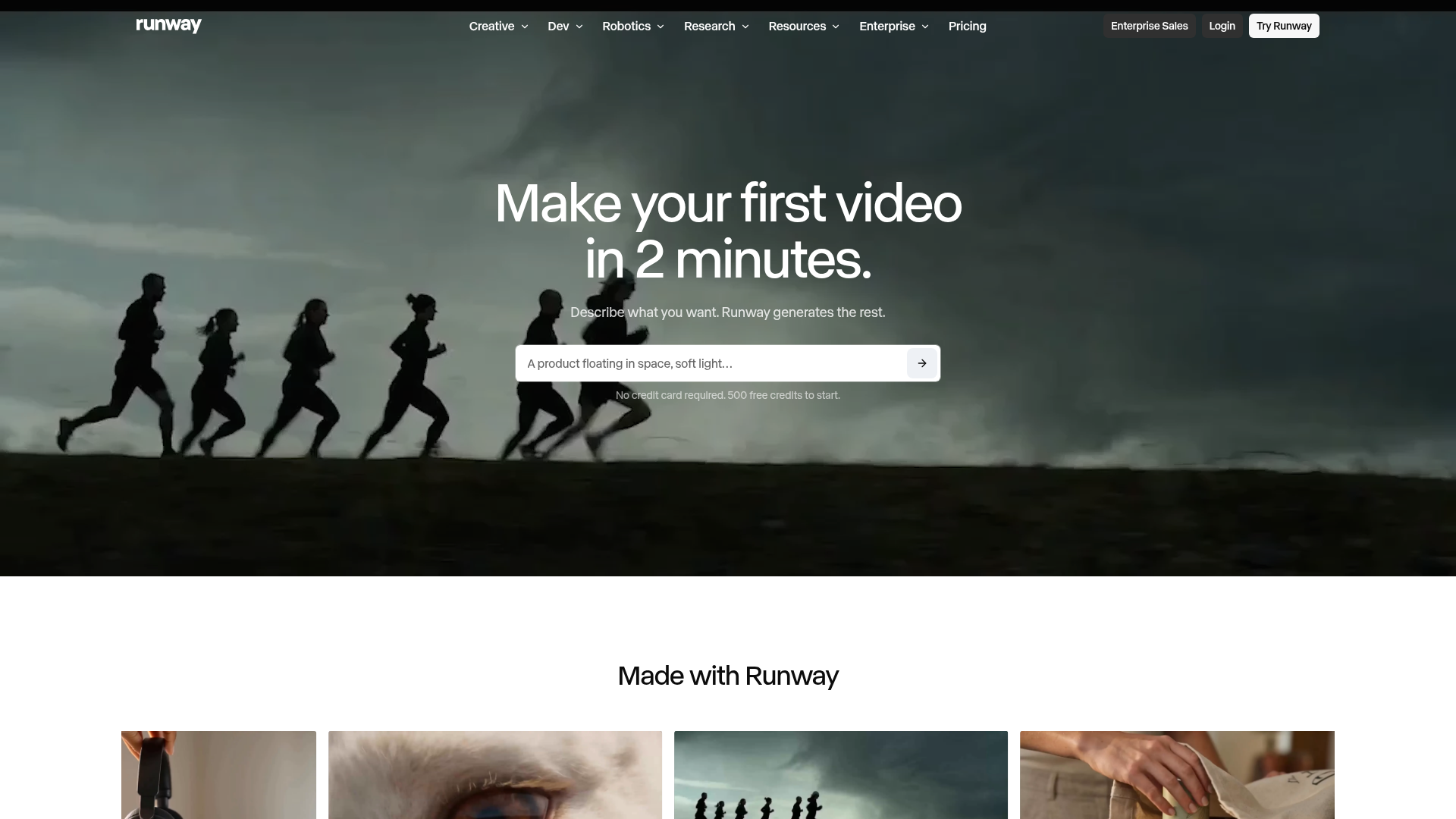 Runway AI video creation workspace homepage
