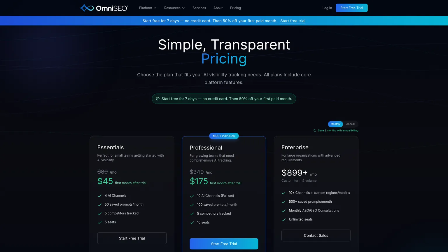 Таблица тарифов OmniSEO с платформами, лимитами промптов и пользовательскими местами в Essentials и Professional.
