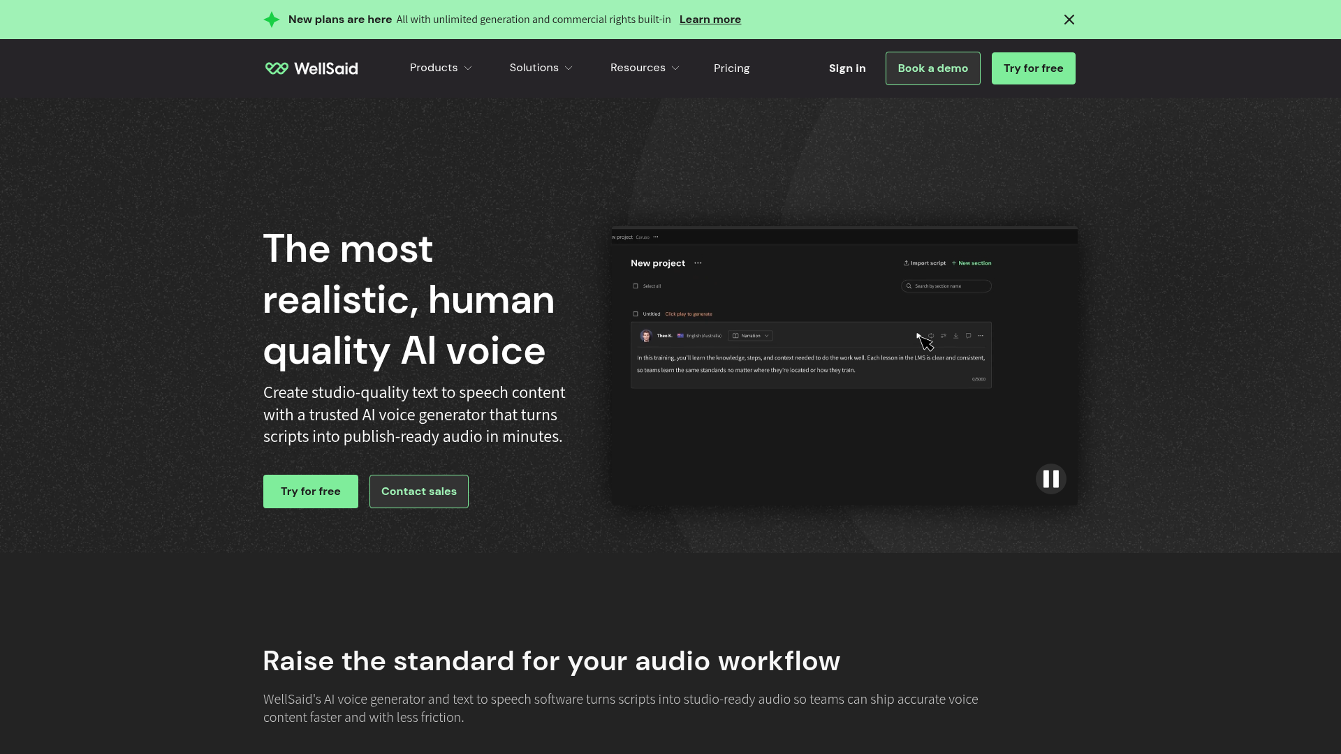 WellSaid AI voice generator page