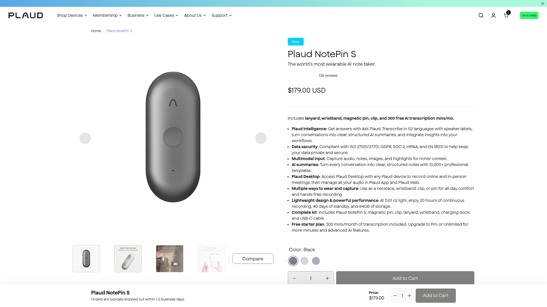 Plaud NotePin S product and pricing page