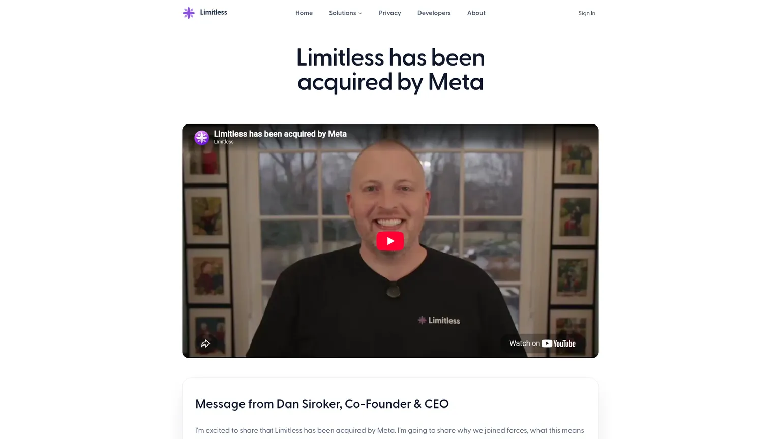 Limitless announcement explaining the Meta acquisition and end of Pendant sales
