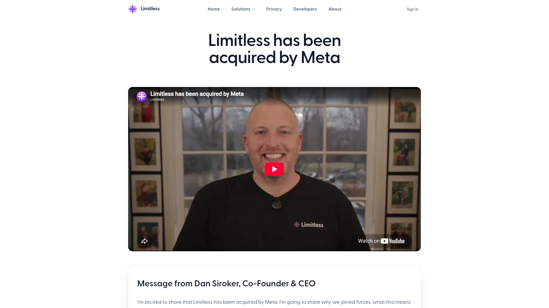 Limitless announcement explaining the Meta acquisition and end of Pendant sales
