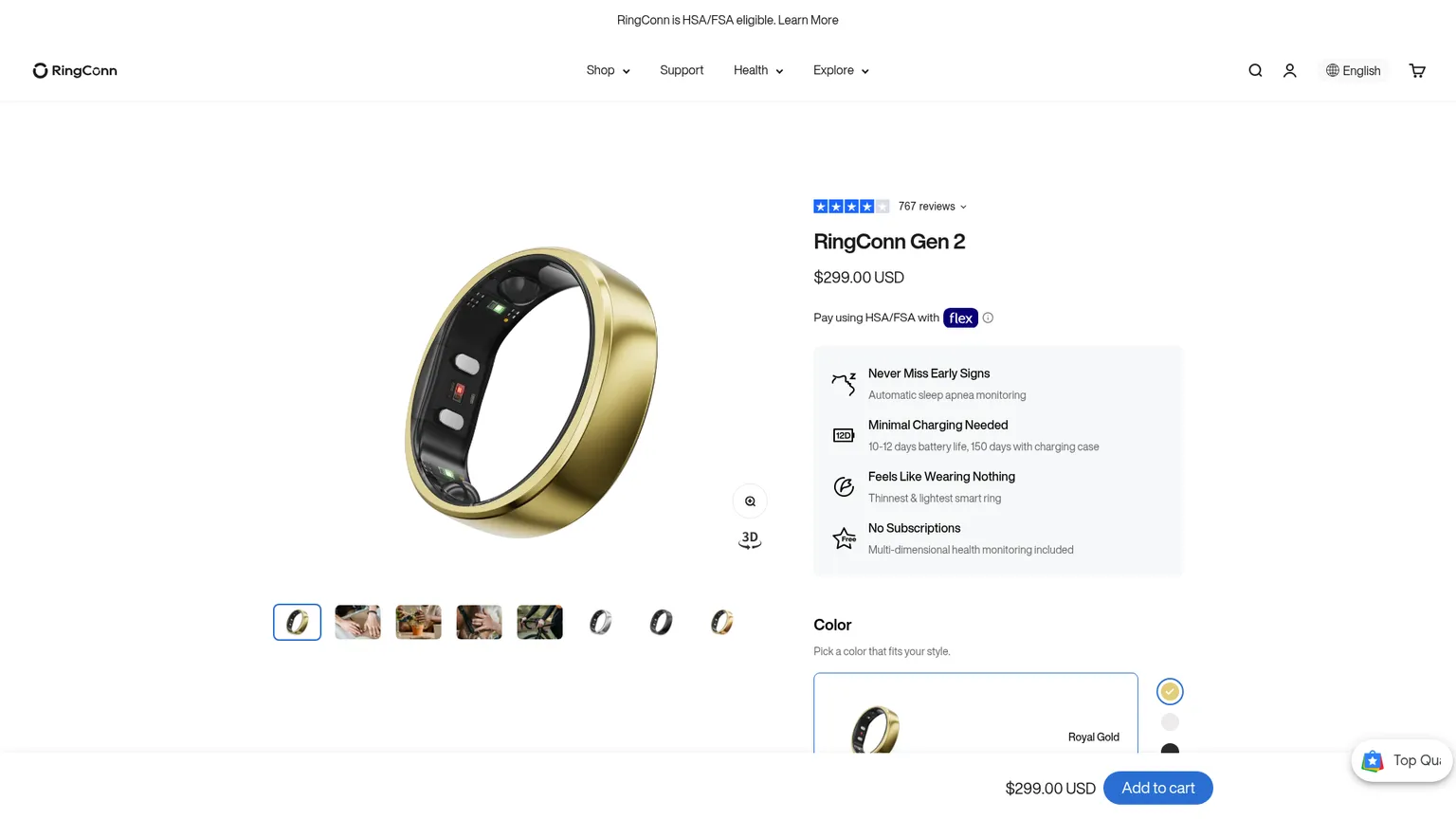 RingConn Gen 2 current product page showing price and stock status