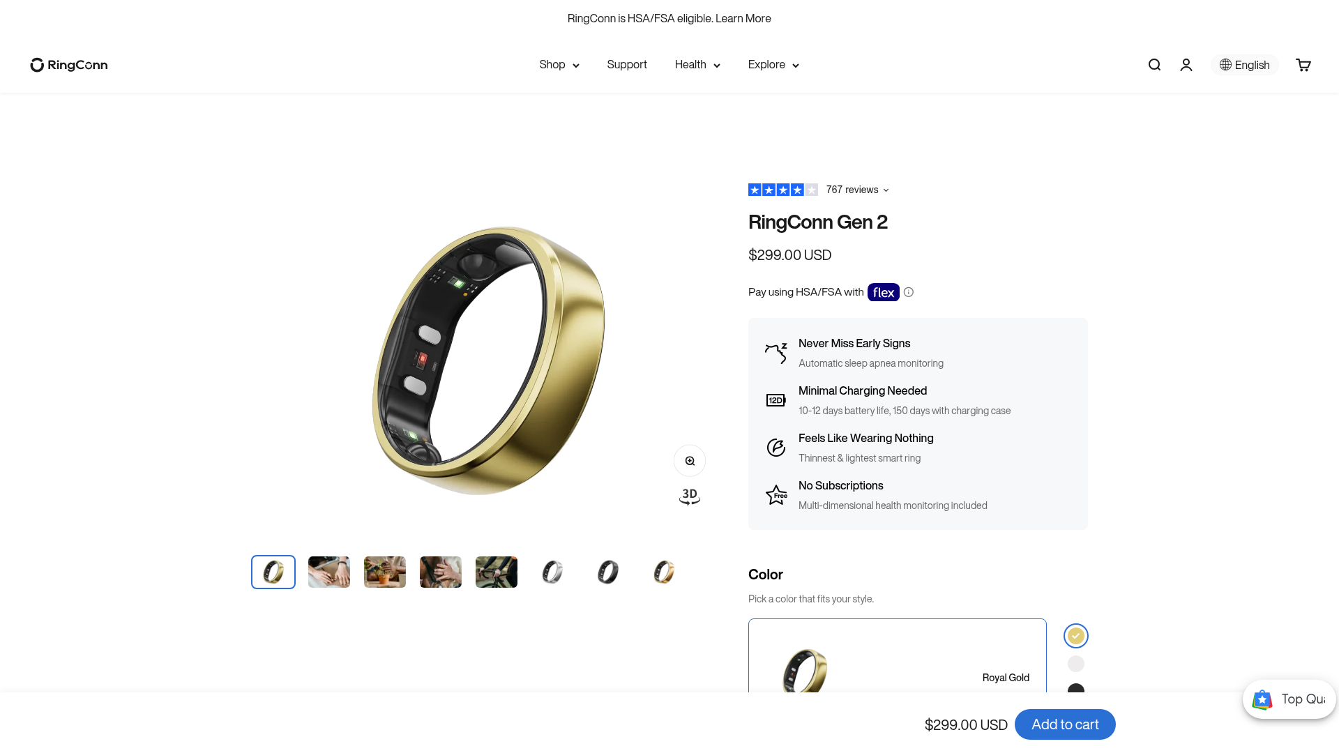 RingConn Gen 2 current product page showing price and stock status