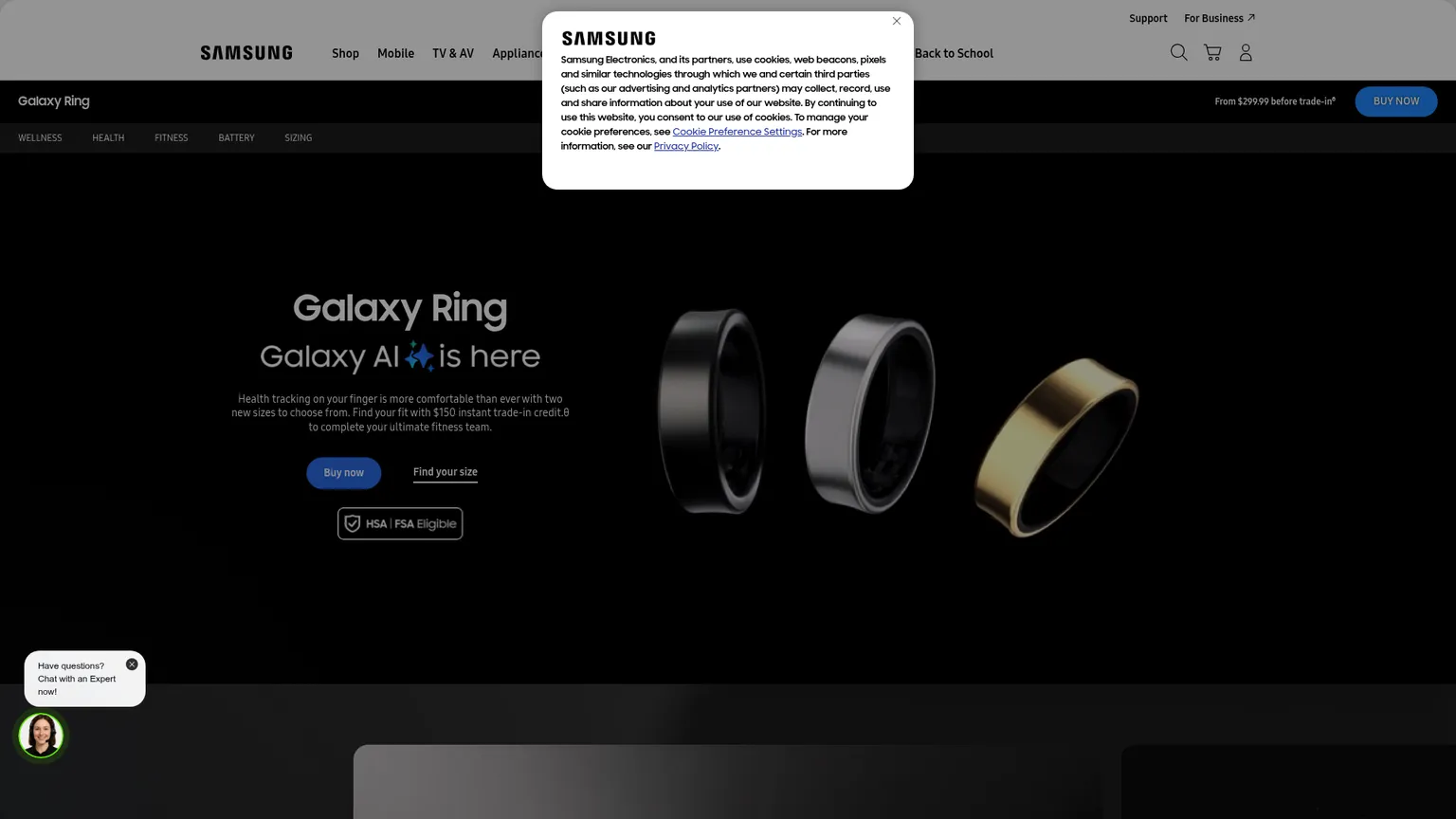 Samsung Galaxy Ring product page and Galaxy AI health features