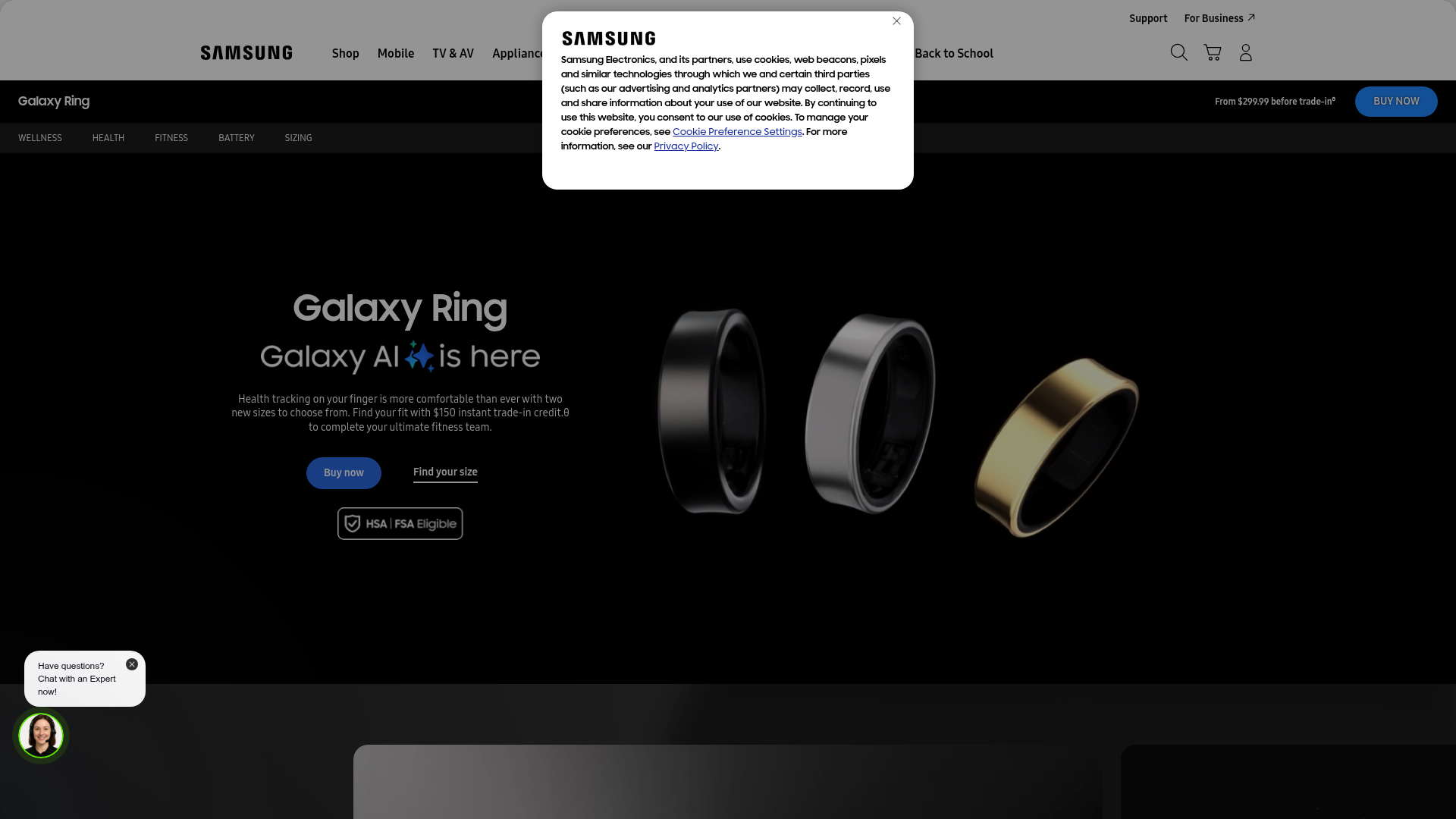 Samsung Galaxy Ring product page and Galaxy AI health features