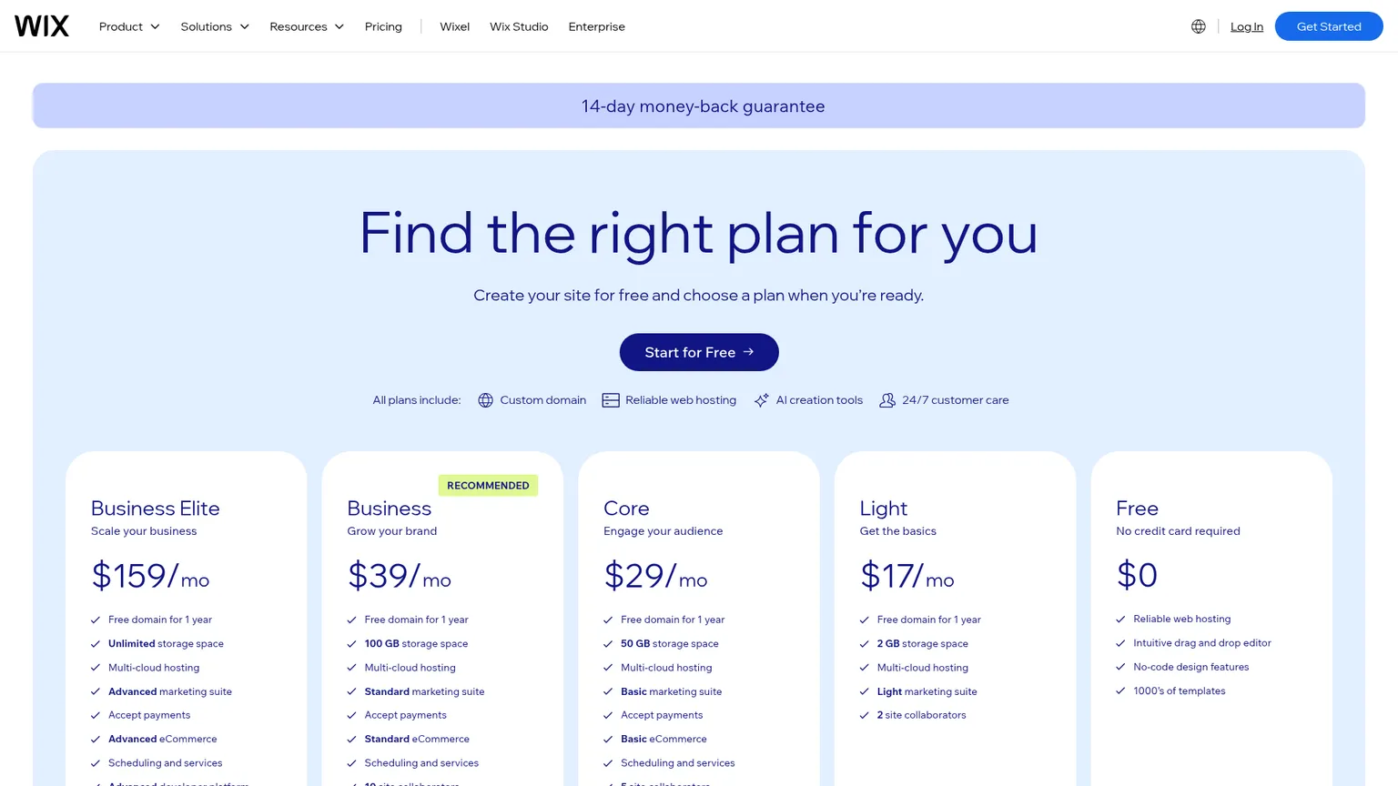 Wix pricing plans