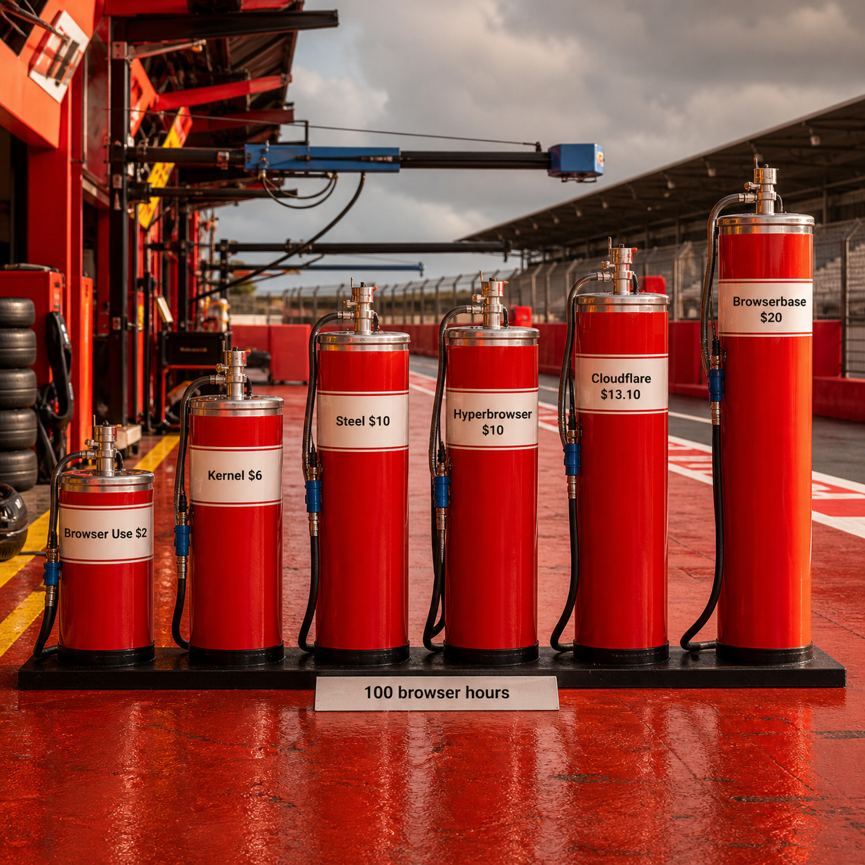 Six pit-fuel towers comparing the cost of 100 browser hours