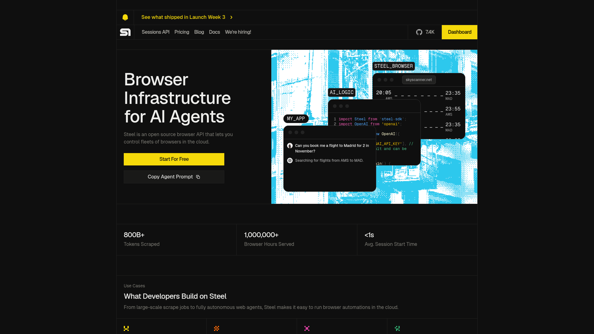 Steel open-source browser API homepage