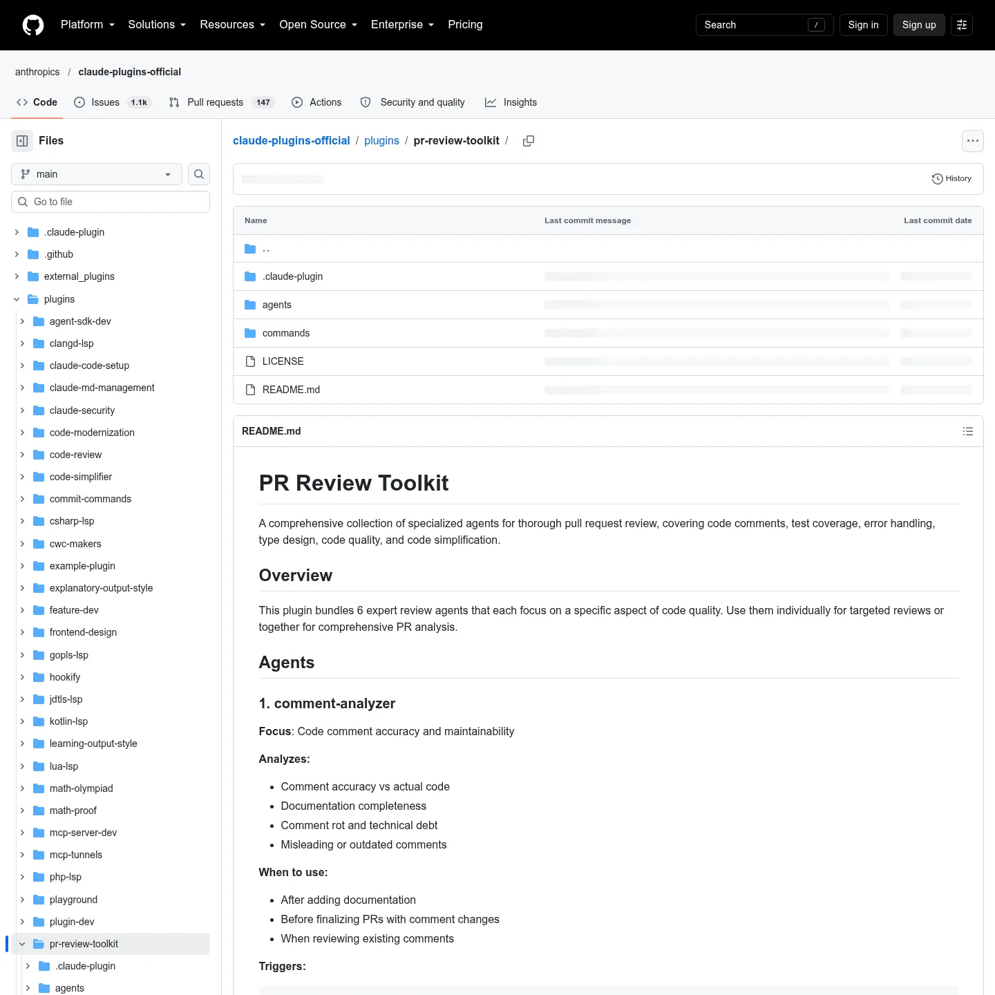 README des Repositorys von PR Review Toolkit mit seinen spezialisierten Review-Agenten
