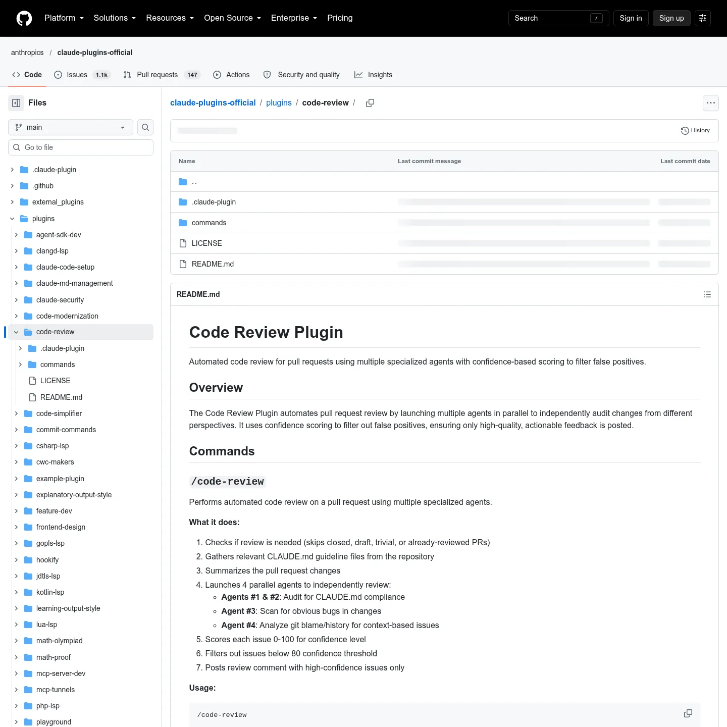 README des Plugins Code Review mit der Beschreibung seines Pull-Request-Befehls