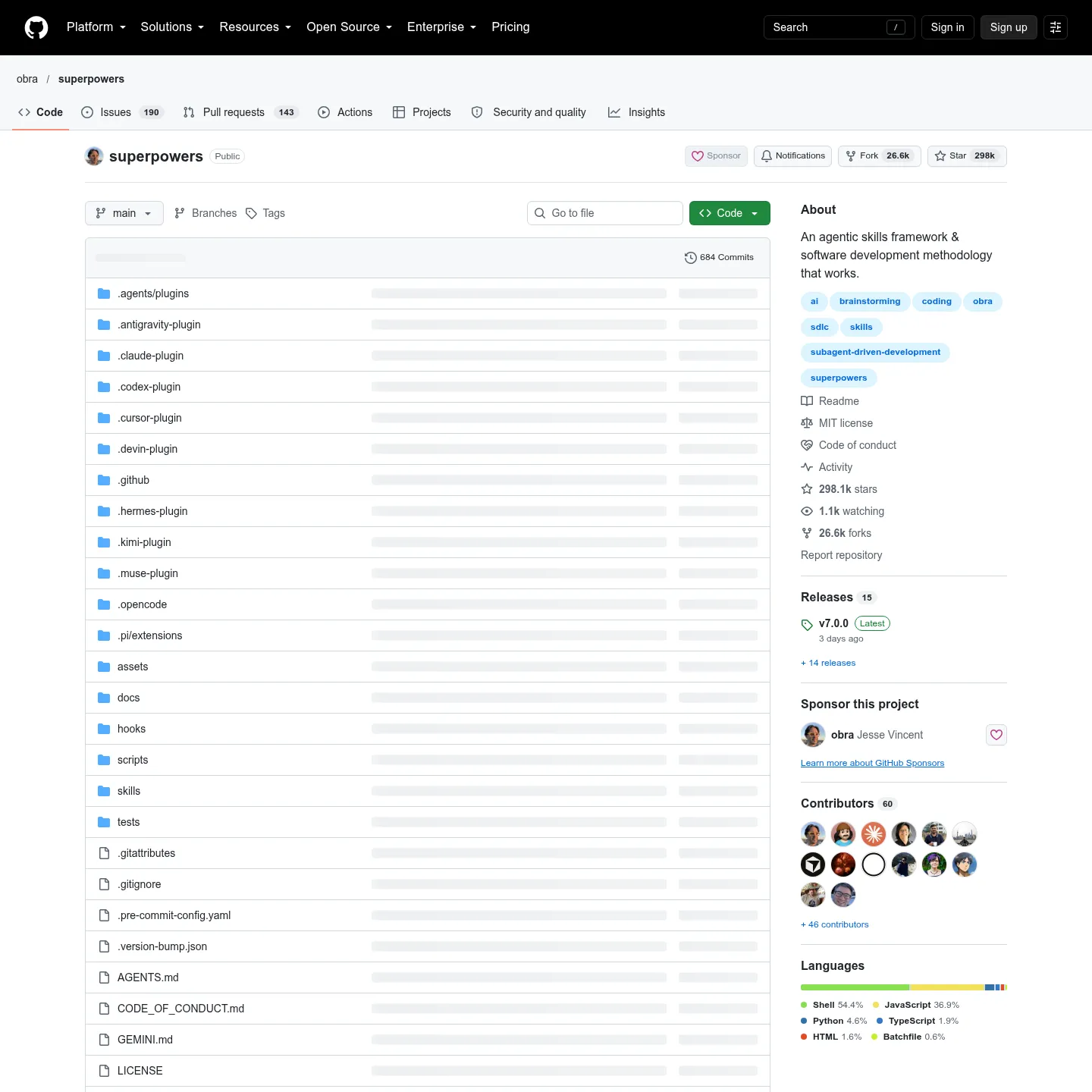 README des Superpowers-Repositorys mit Entwicklungsablauf und Skill-Sammlung