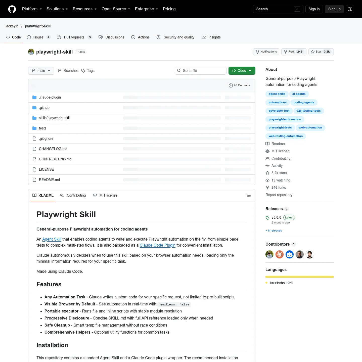 Repository von Playwright Skill mit Anweisungen zur codebasierten Browserautomatisierung