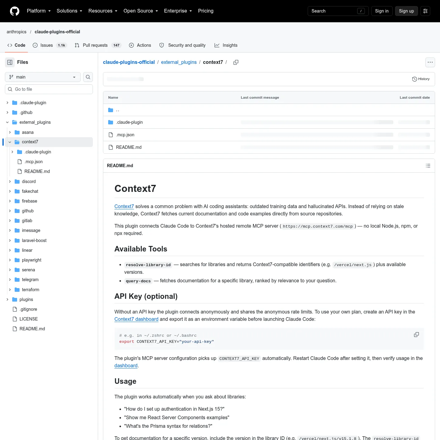README des Context7-Pakets im offiziellen Marketplace mit seinen entfernten MCP-Werkzeugen