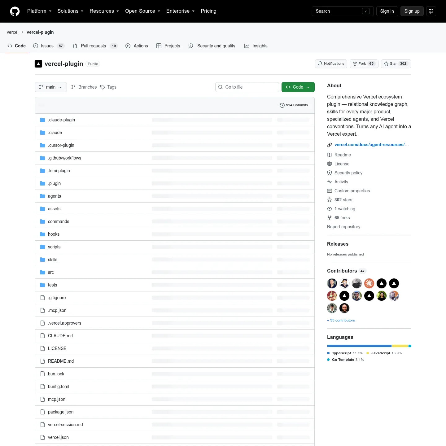 Repository des Vercel-Plugins mit Deployment-Skills, Agenten, Hooks und MCP-Anbindung