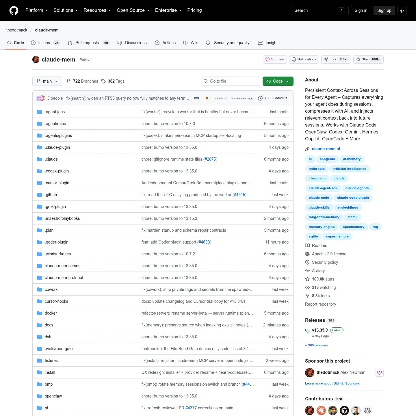 README des Claude-Mem-Repositorys mit dauerhaften Beobachtungen und der Suche im gespeicherten Wissen