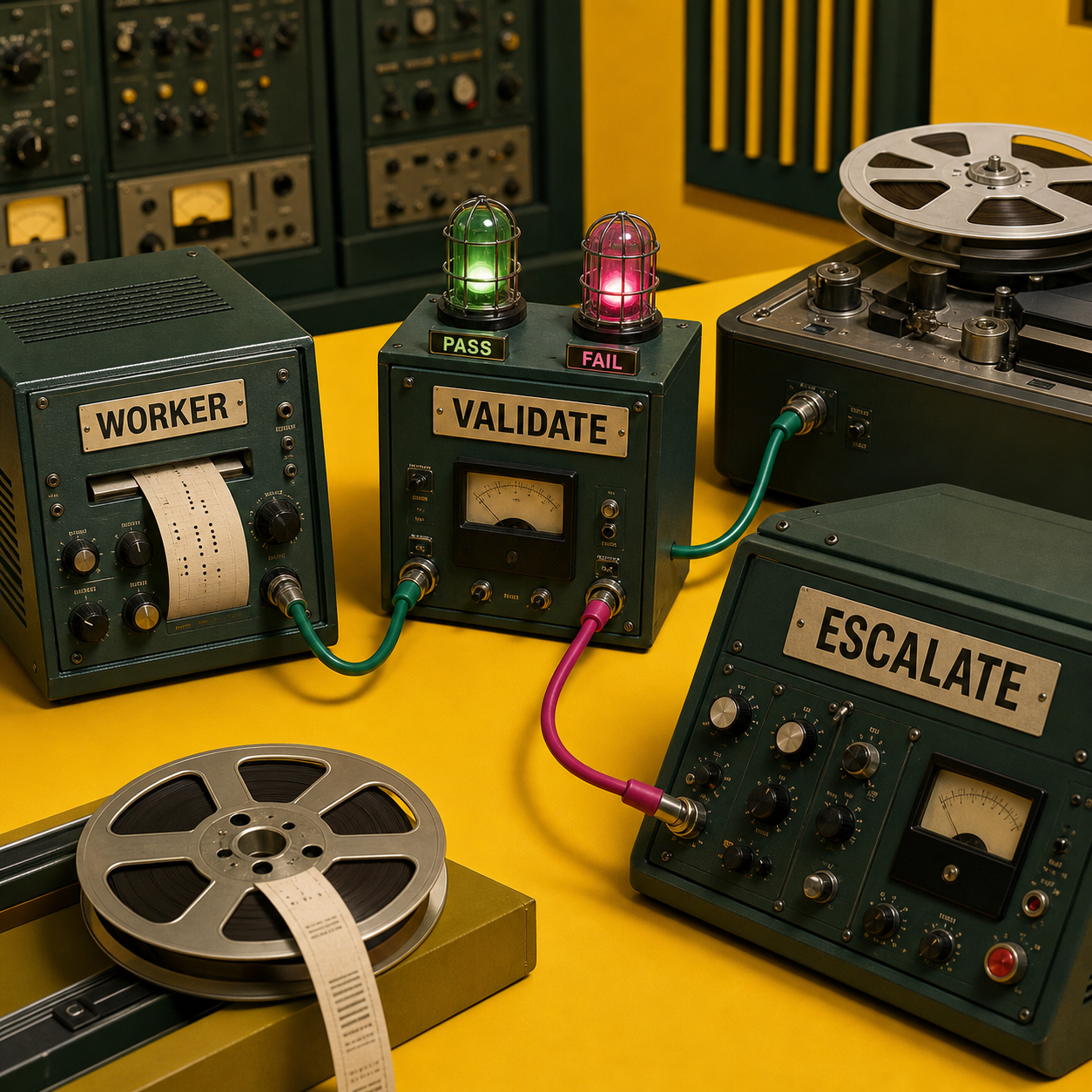 A studio signal path showing a compact worker routed through tests and review before escalation