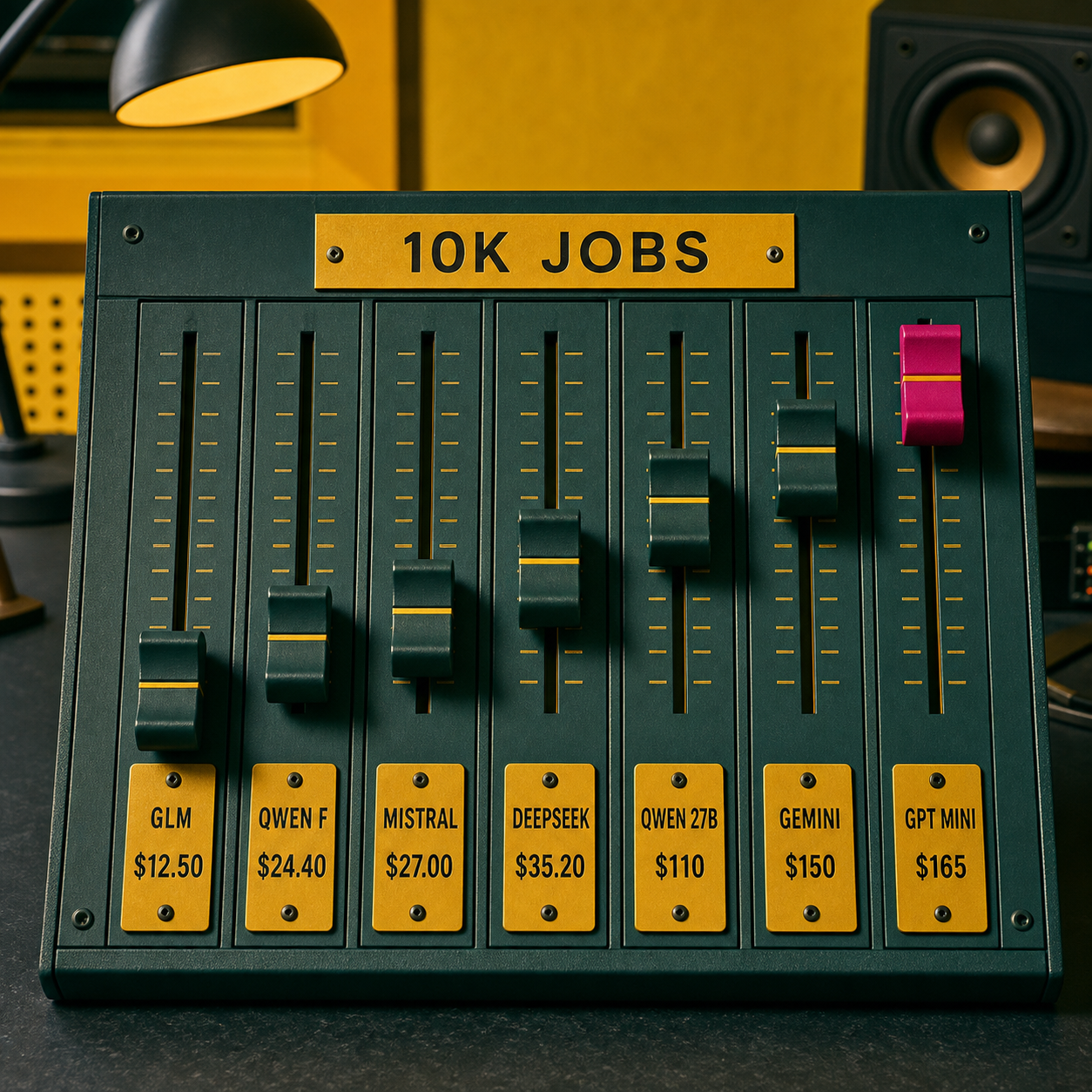 A seven-fader studio mixing console comparing the uncached token cost of a 10,000-job coding-agent month