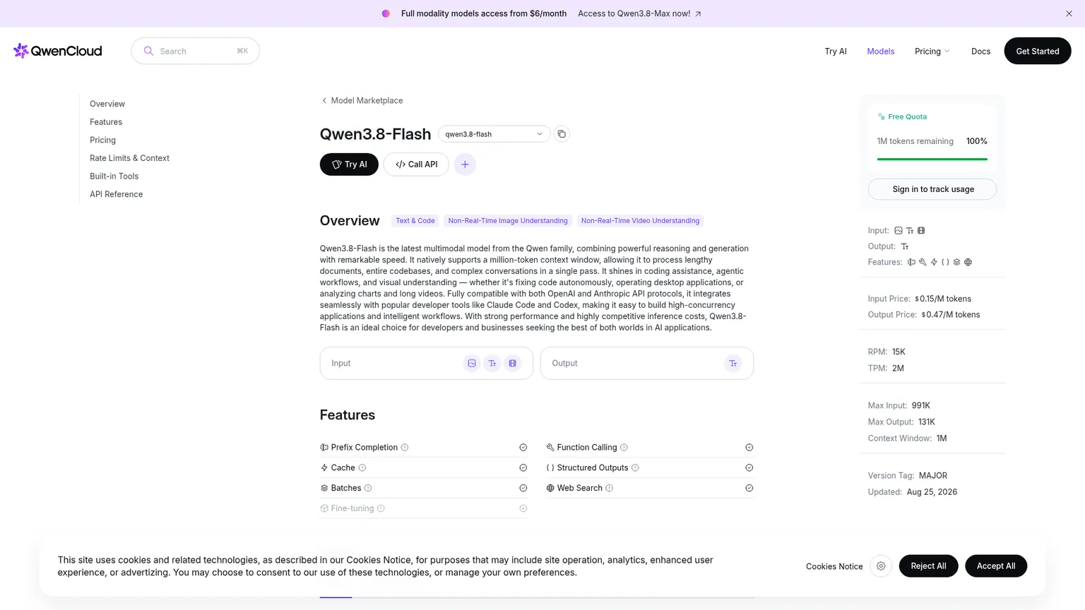 Qwen3.8-Flash official model and pricing page
