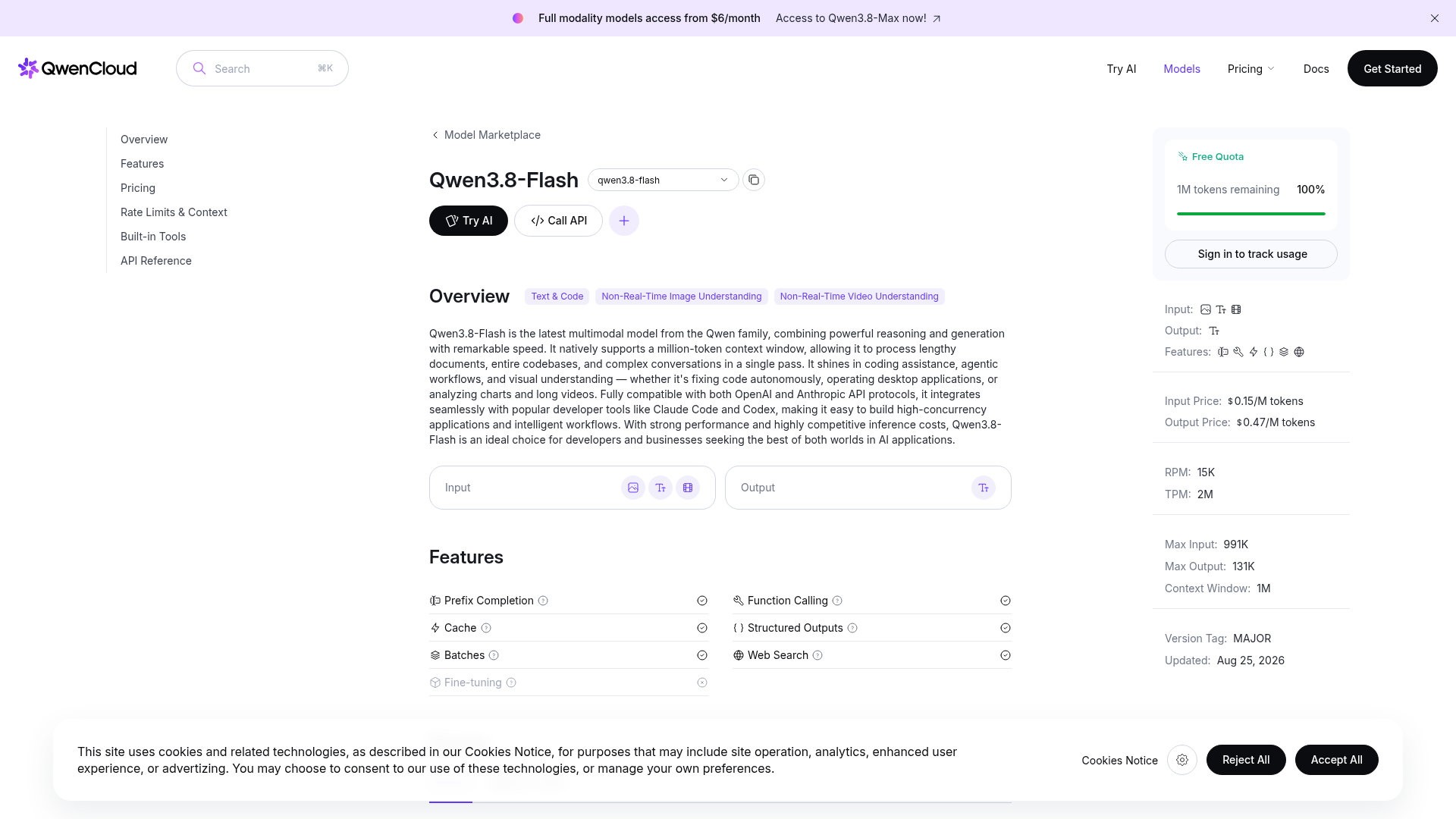 Qwen3.8-Flash official model and pricing page