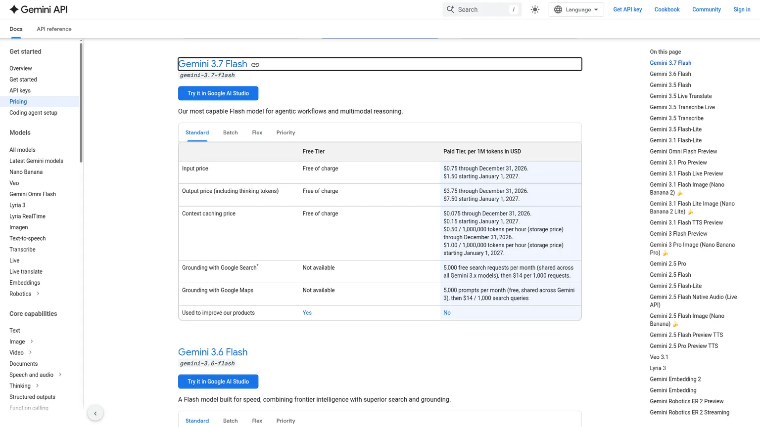 Gemini 3.7 Flash official API pricing page