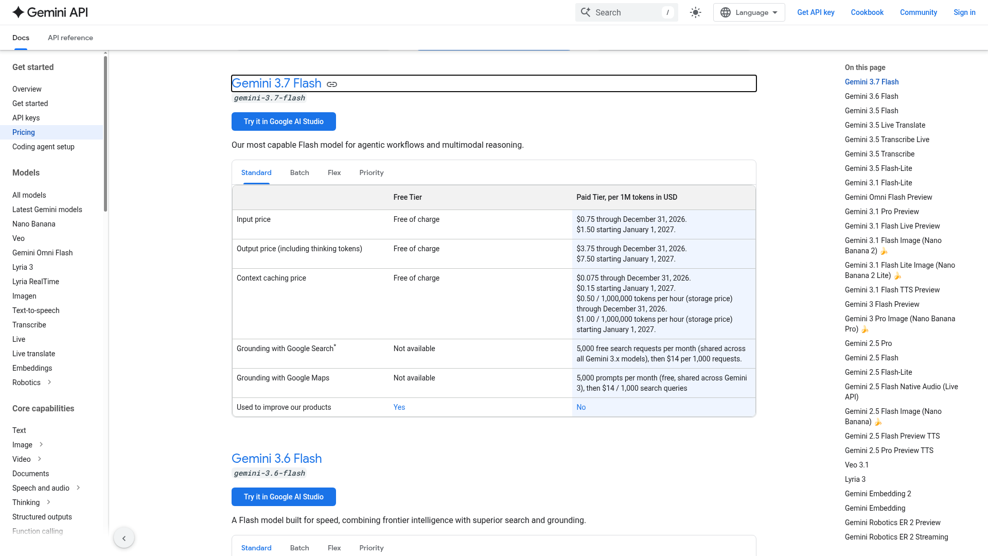 Gemini 3.7 Flash official API pricing page