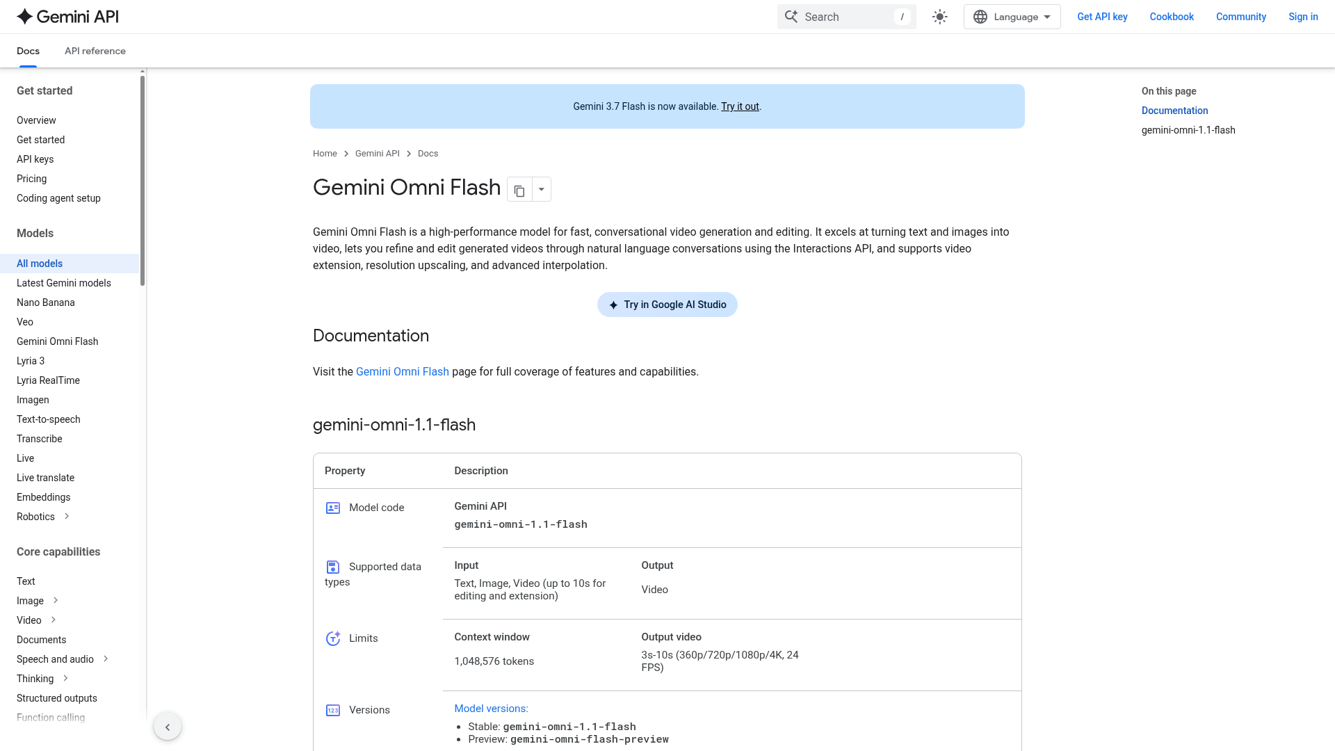 Gemini Omni 1.1 Flash model documentation