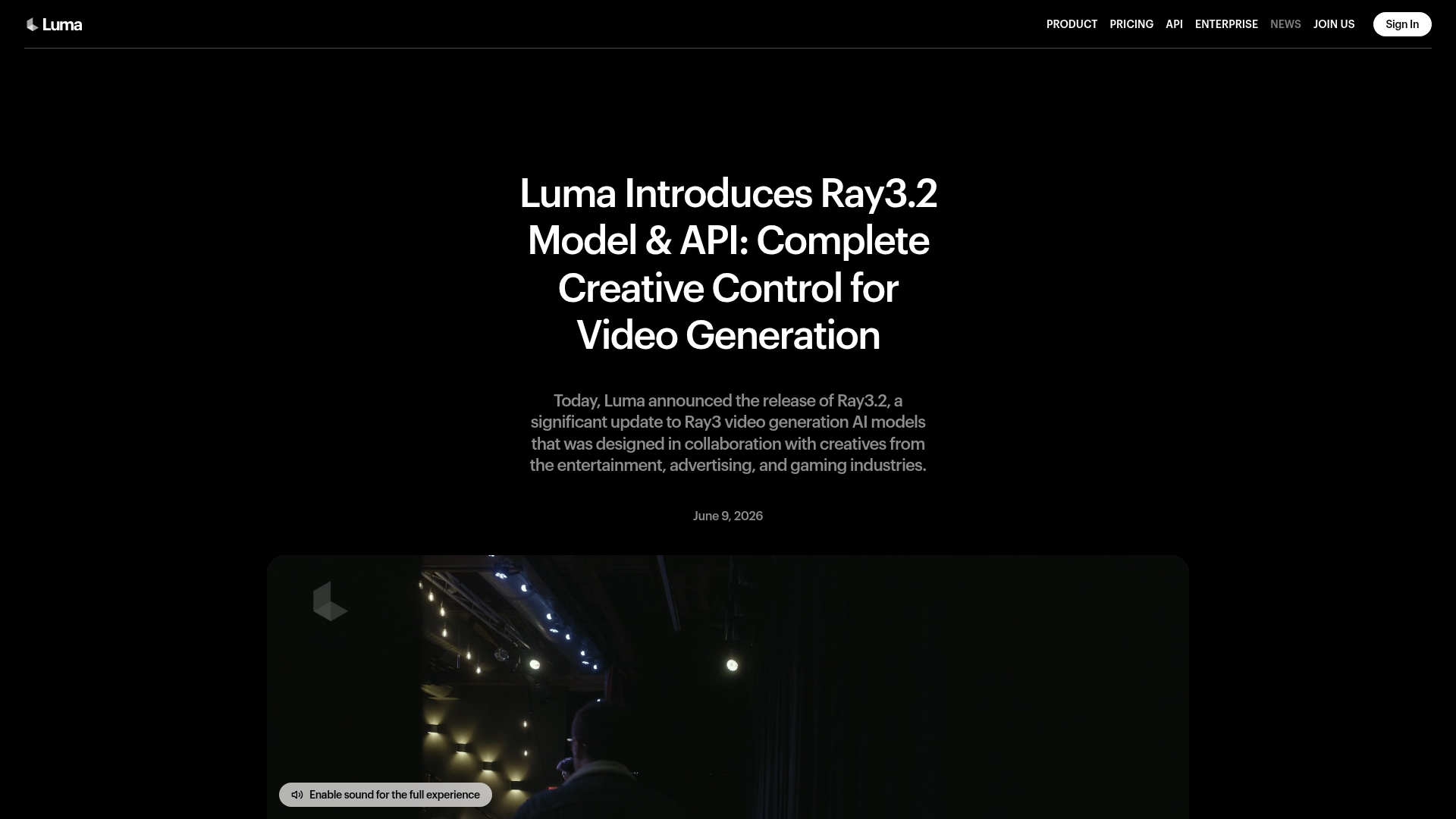 Luma Ray3.2 launch page showing frame-level video controls
