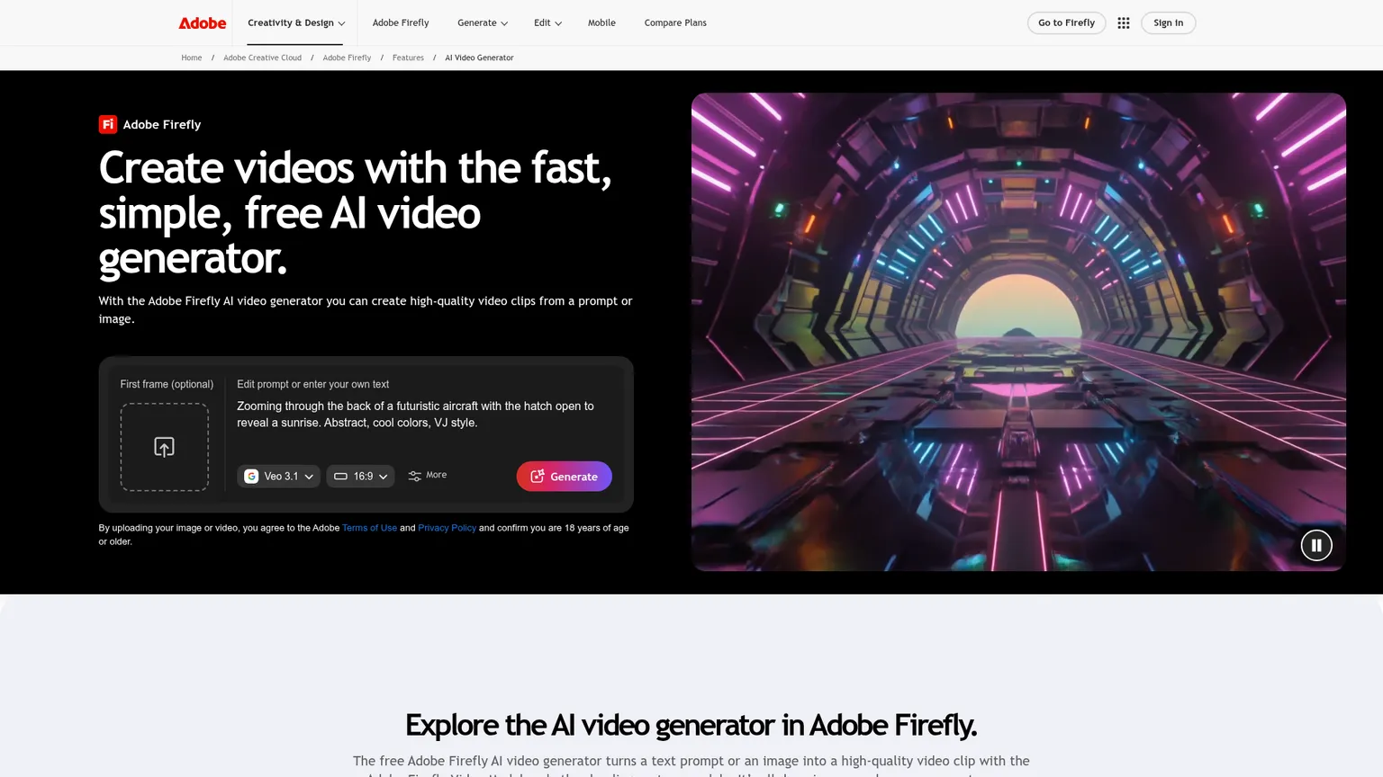 Интерфейс генератора ИИ-видео Adobe Firefly