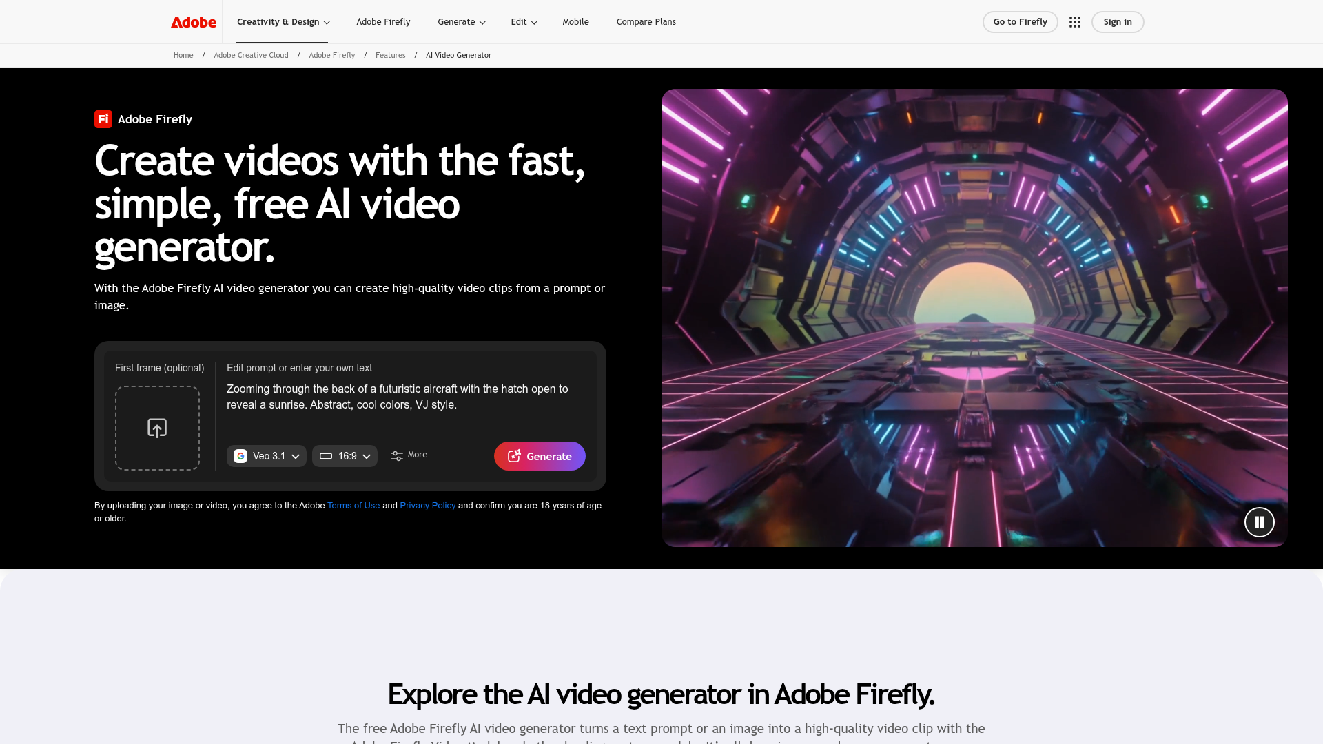Adobe Firefly AI video generator page