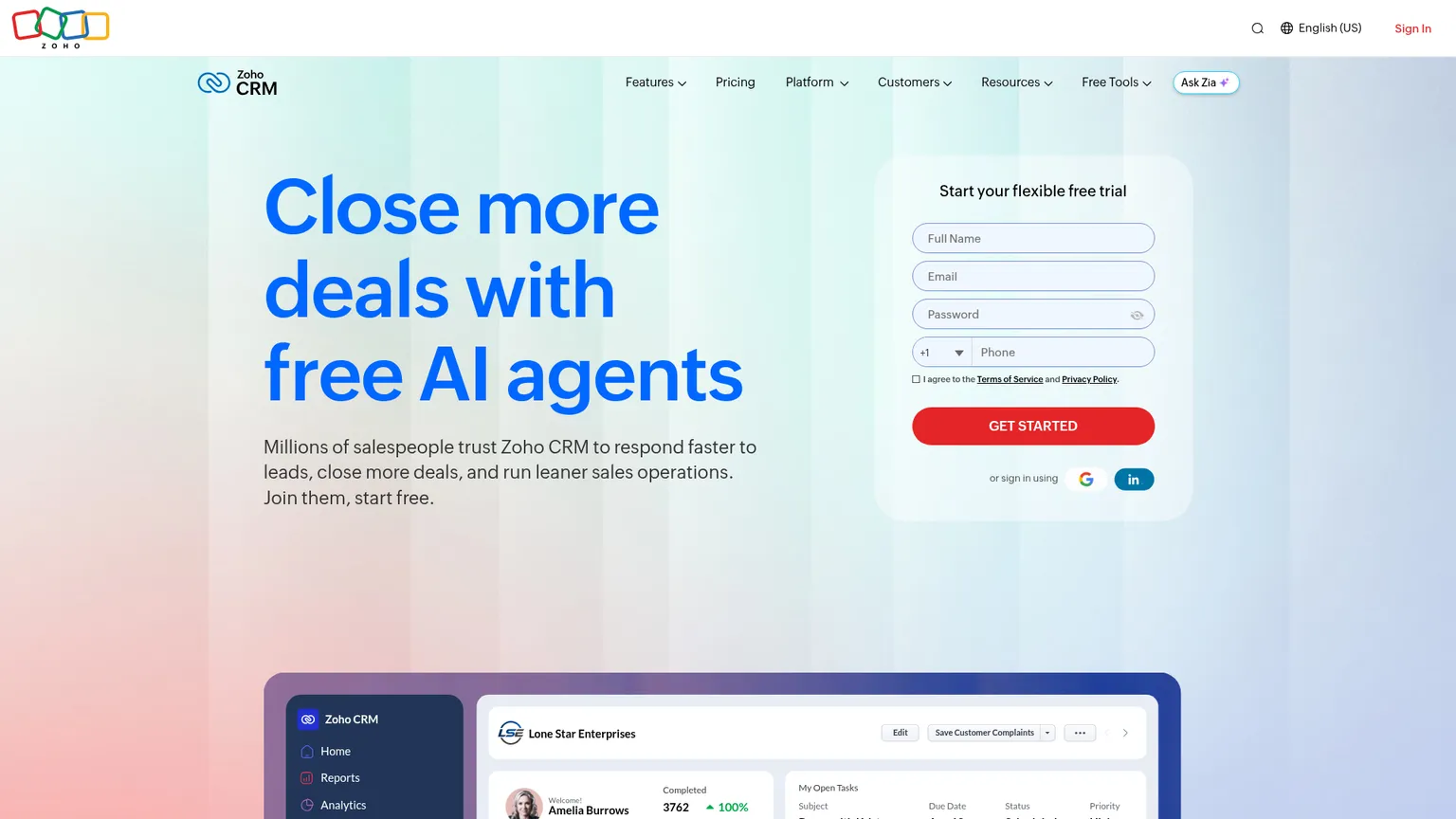 Zoho CRM website presenting its sales-management platform