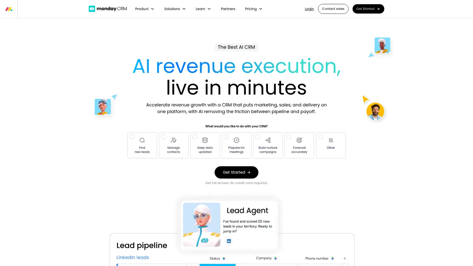 monday CRM website presenting its configurable sales workspace
