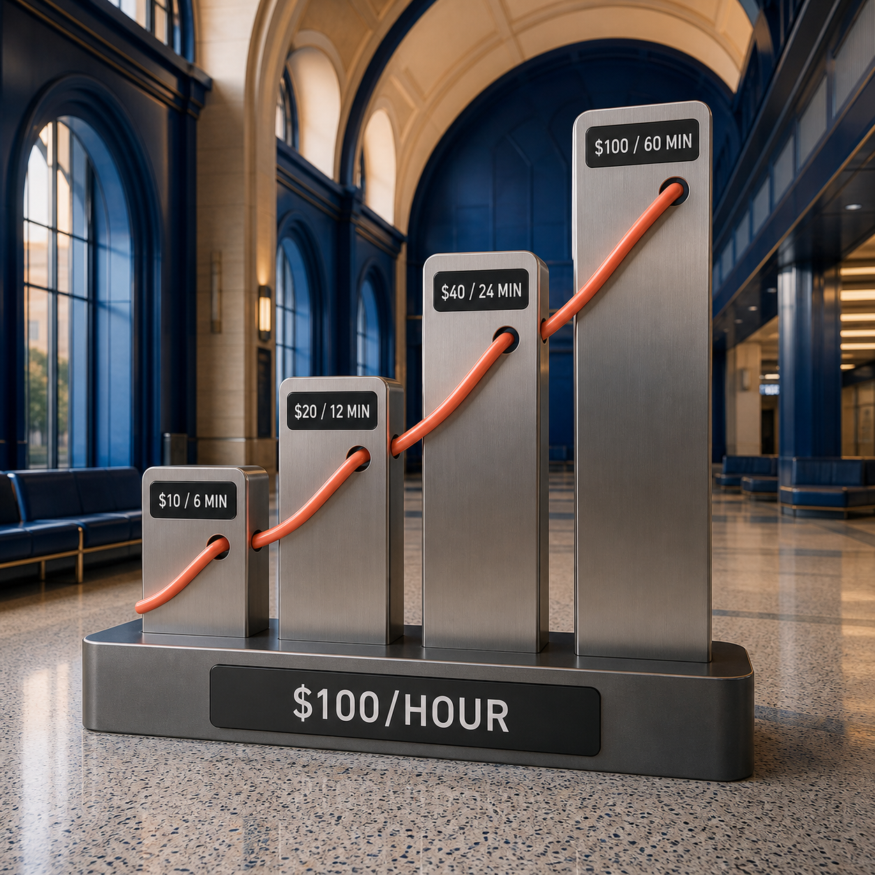 Four physical price pylons showing the minutes a monthly coding-agent seat must save at a loaded engineering cost of one hundred dollars per hour