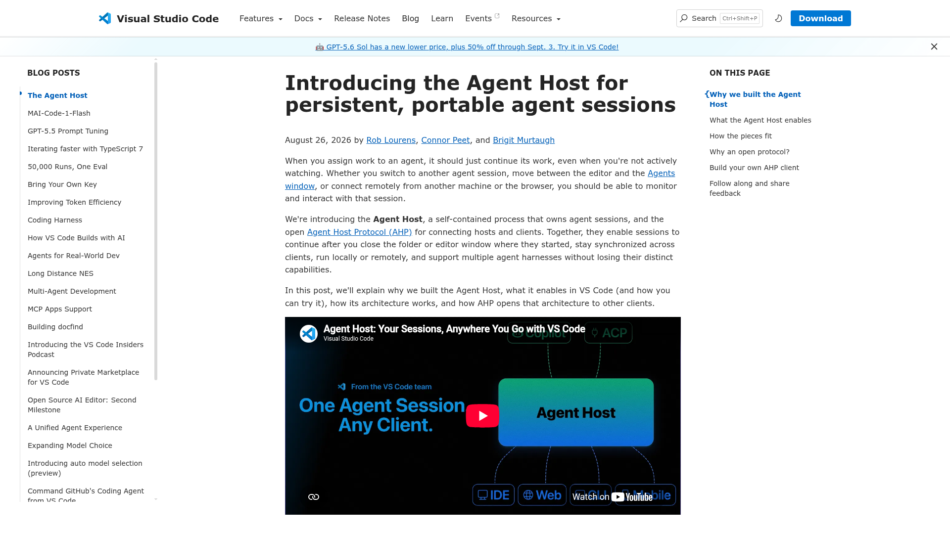 VS Code Agent Host architecture announcement showing persistent and portable agent sessions