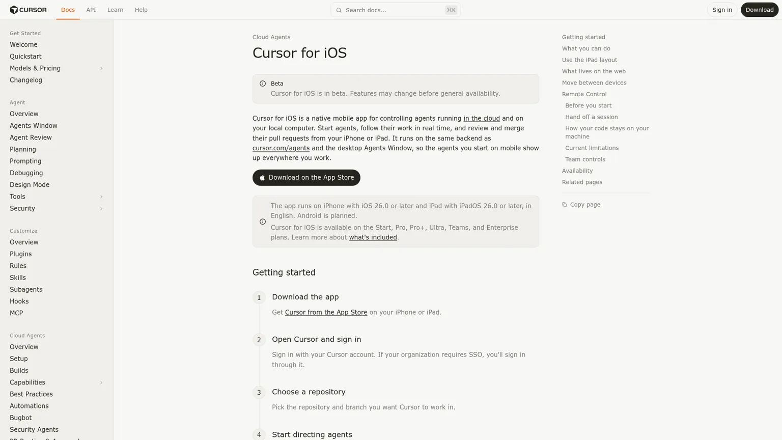 Documentation de Cursor pour iOS présentant les agents cloud et Remote Control entre mobile et desktop