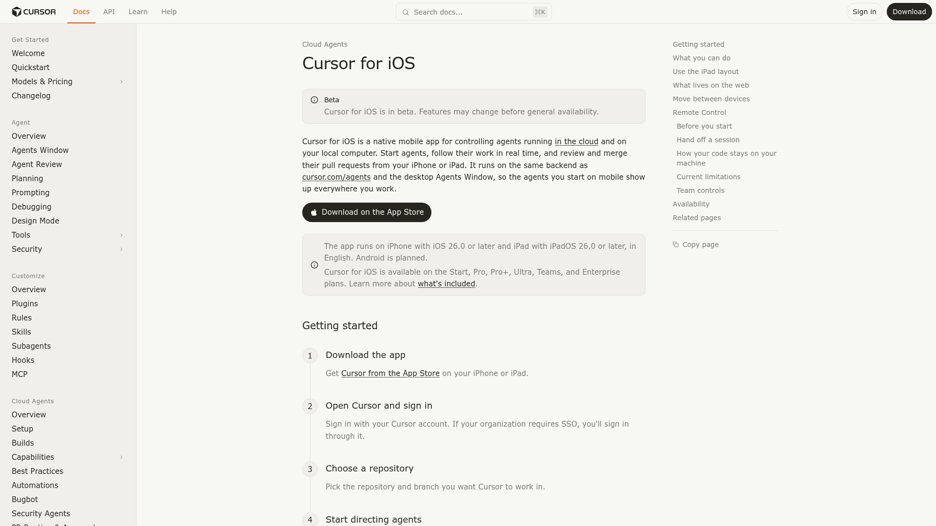 Cursor for iOS documentation showing cloud agents and Remote Control across phone and desktop