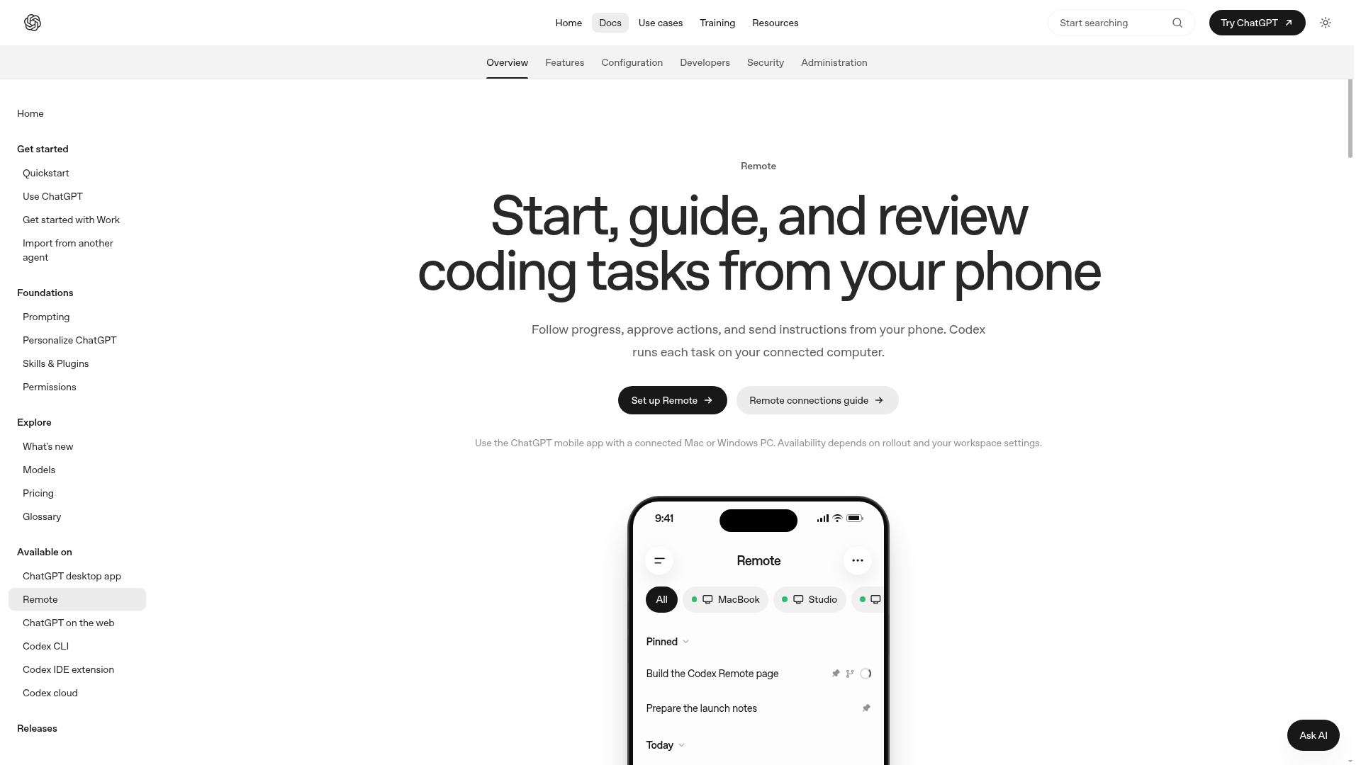 OpenAI Codex Remote documentation showing phone control of tasks on a connected computer