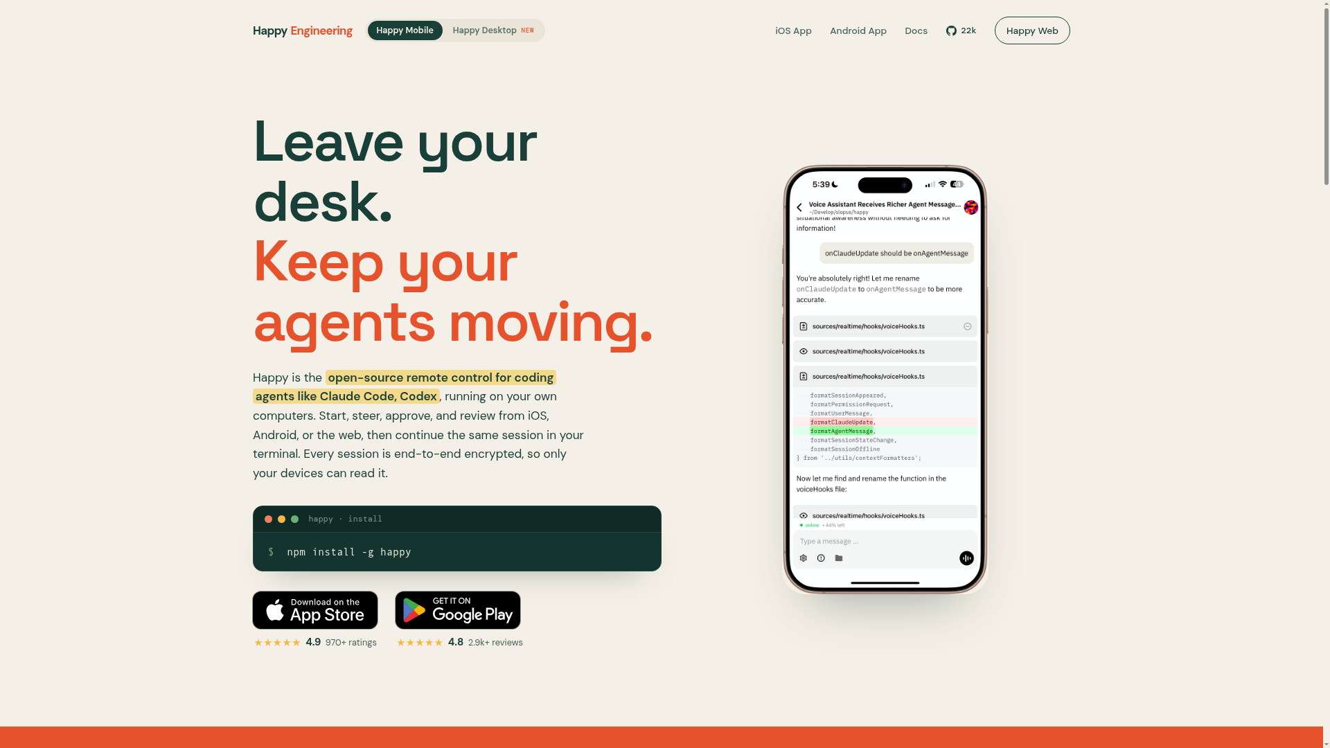 Happy homepage showing an encrypted remote-control session for coding agents across phone and computer