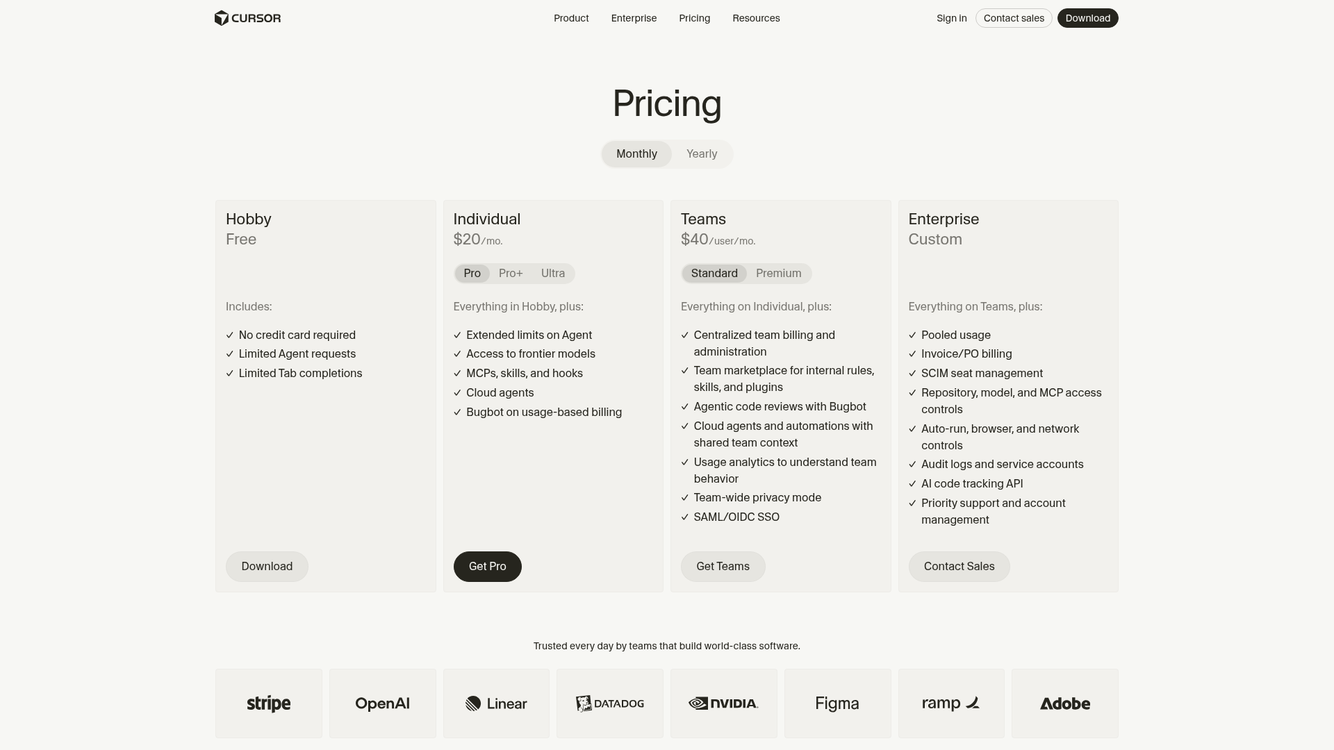 Cursor pricing page showing Hobby, Pro, Pro+ and Ultra tiers