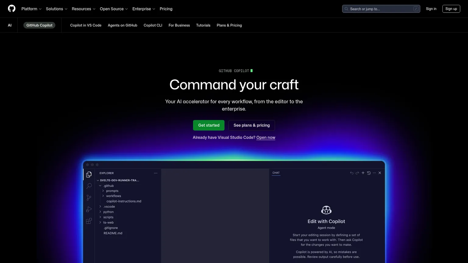 GitHub Copilot 功能与套餐页面